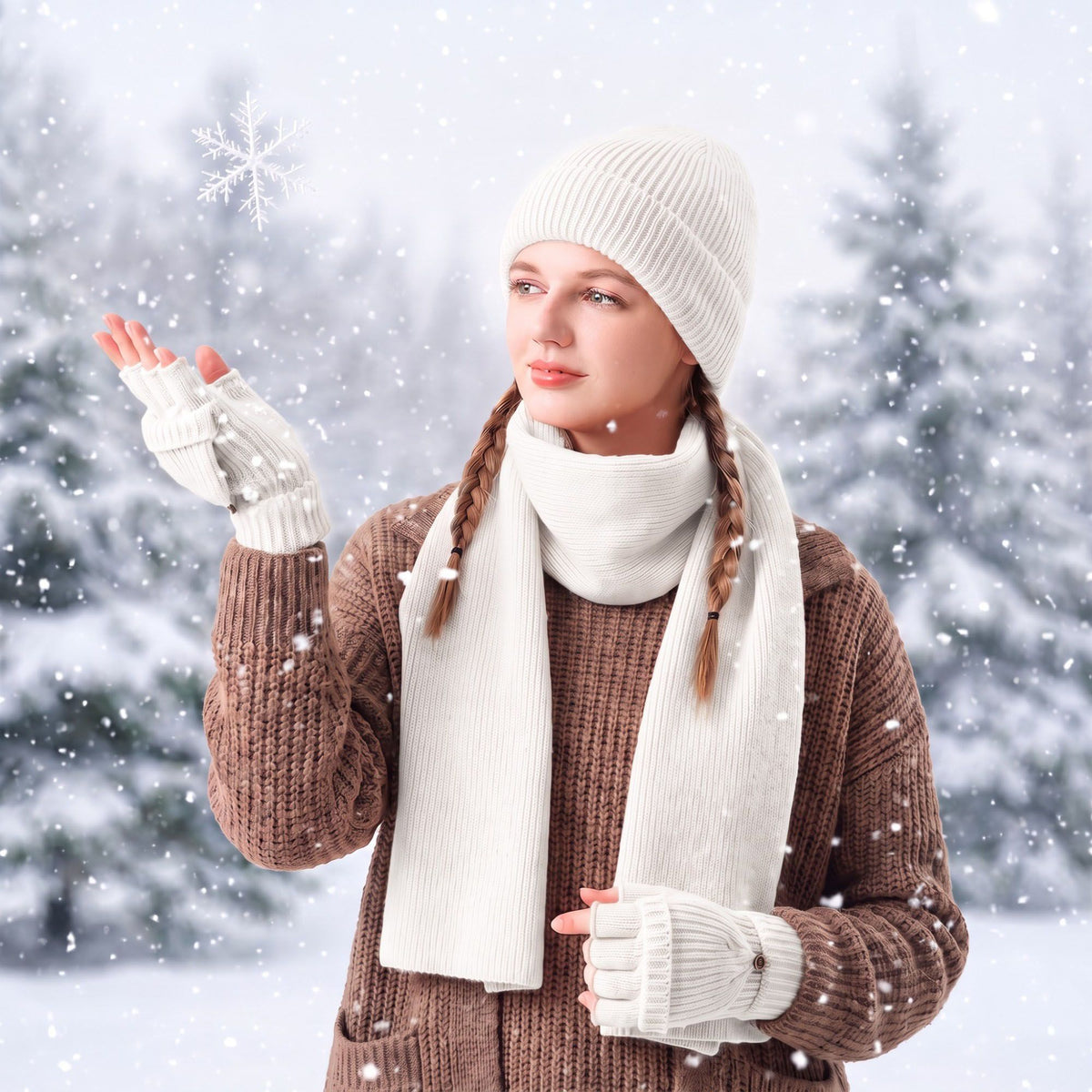 3 Piece Beanie Scarf and Convertible Fingerless Gloves Winter Set