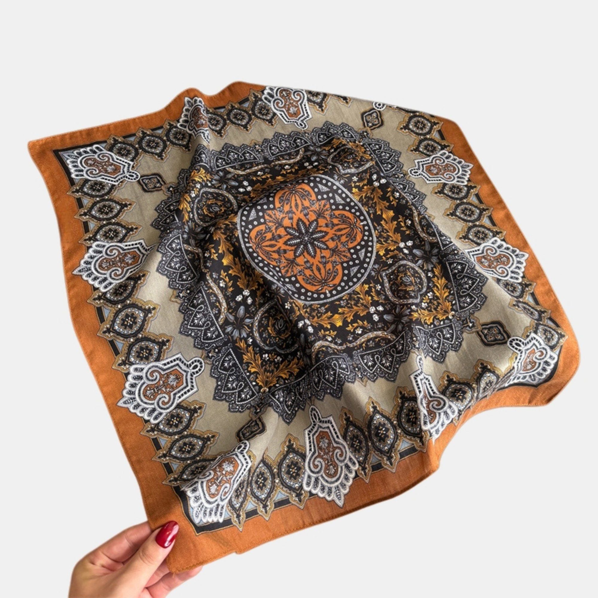Anna-Kaci Women's Ornate Paisley Medallion Print Square Scarf with Soft Lightweight Fabric and Decorative Border Detail 26.7x26.7in
