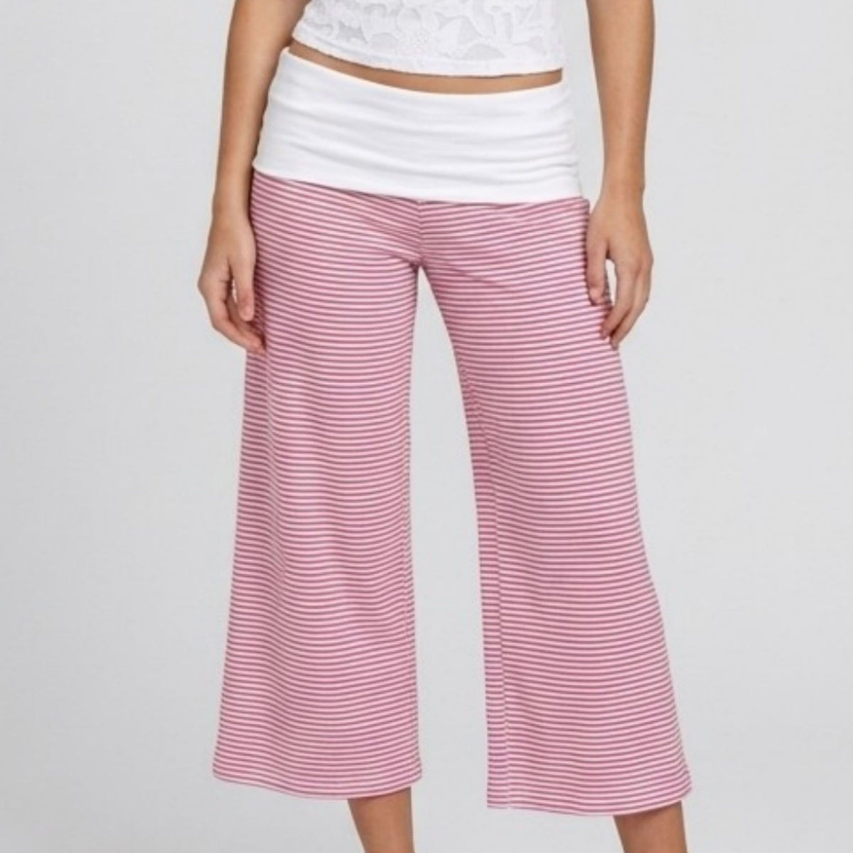 Contrast Foldover Waistband Striped Cropped Wide-Leg Trousers