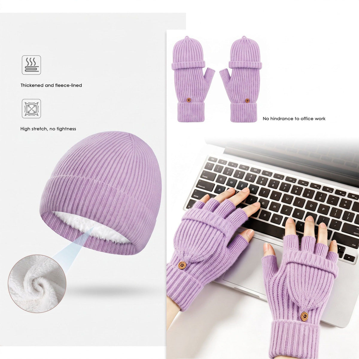 3 Piece Beanie Scarf and Convertible Fingerless Gloves Winter Set