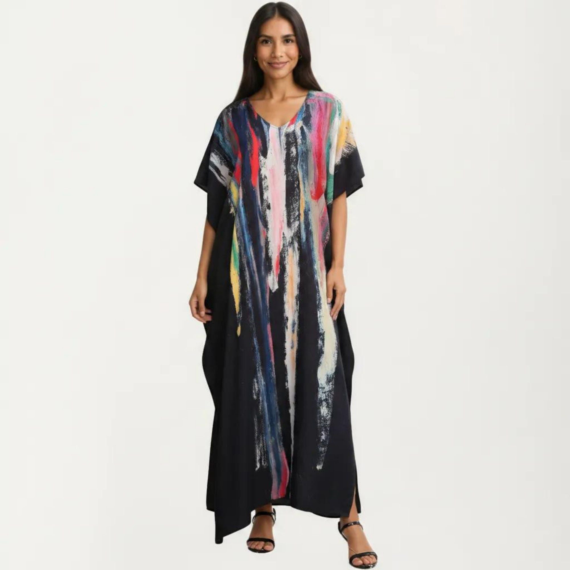 Anna-Kaci Women's Abstract Print Maxi Caftan Dress with V-Neckline Short Sleeves and Relaxed Draped Silhouette