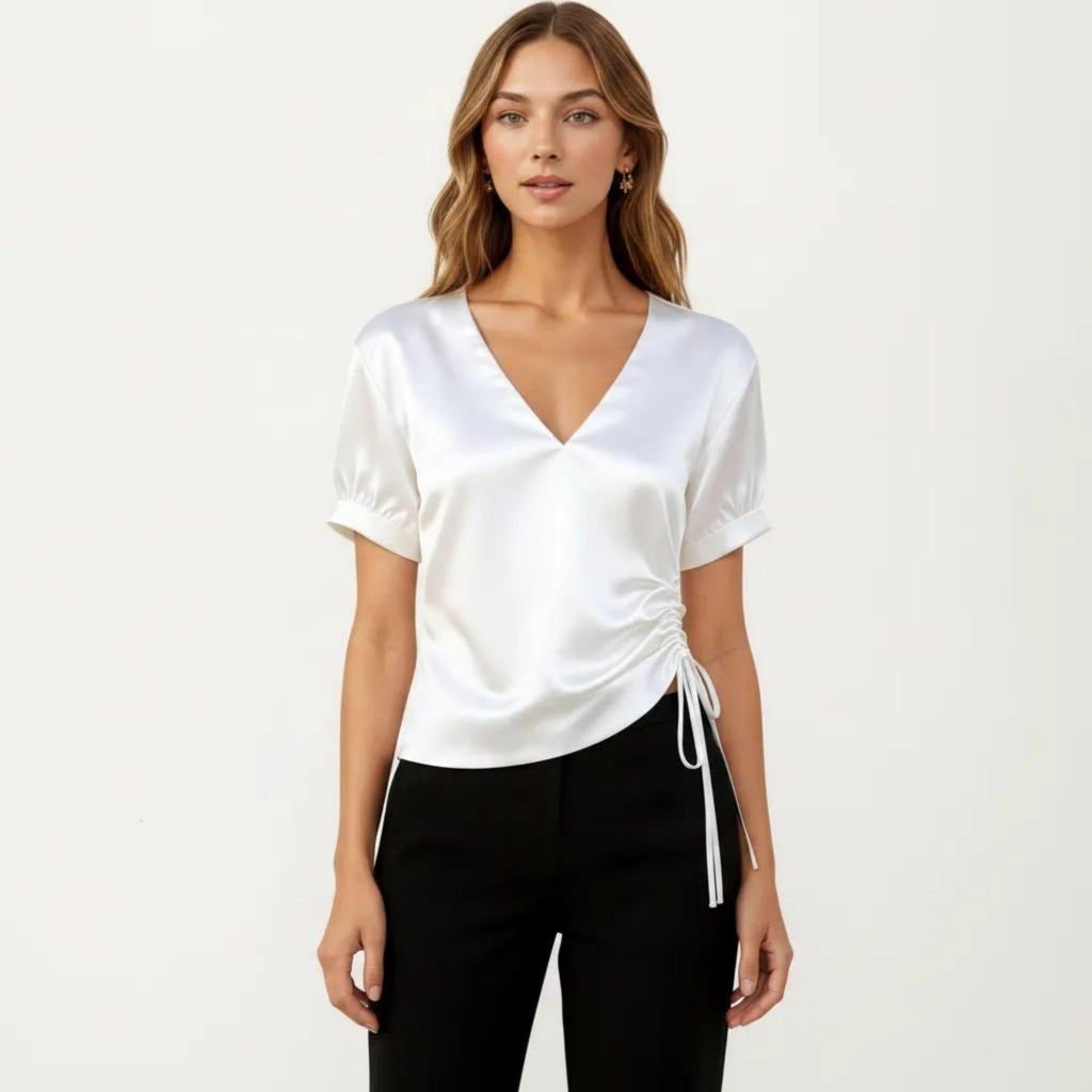 Anna-Kaci Women's Satin V Neck Blouse with Puff Sleeves and Side Ruched Drawstring
