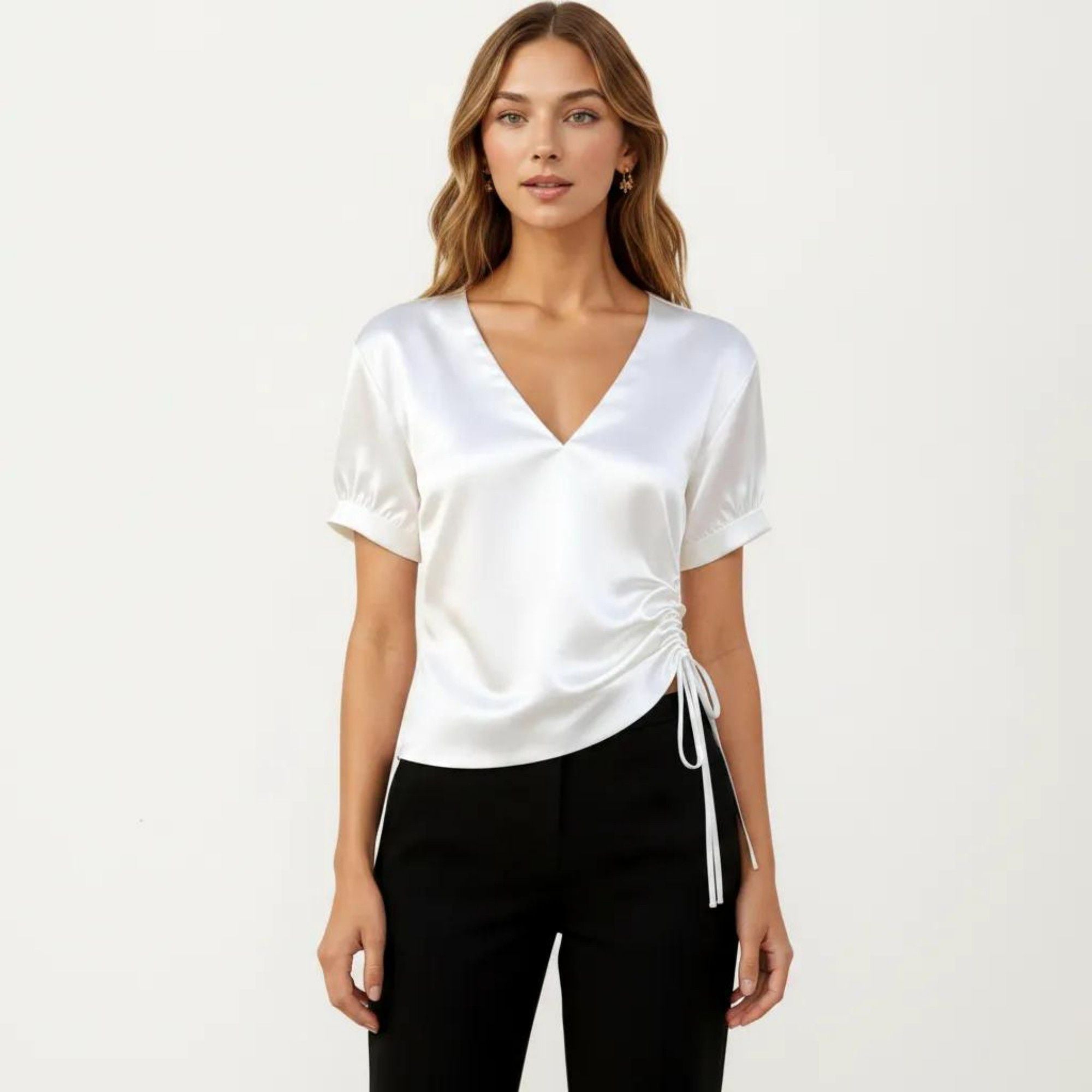 Anna-Kaci Women's Satin V Neck Blouse with Puff Sleeves and Side Ruched Drawstring