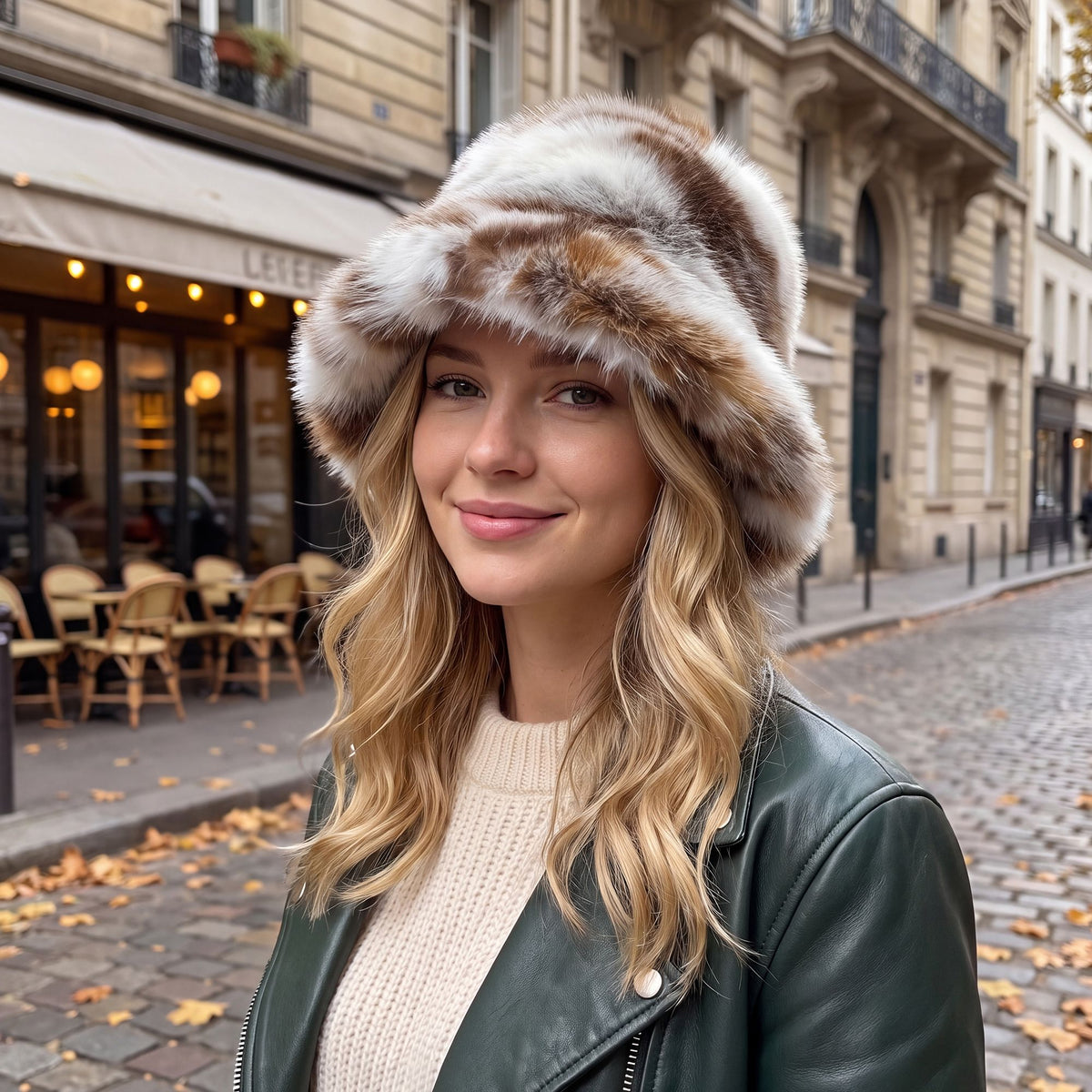 Faux Fur Bucket Hat Plush Fuzzy Colorblock Winter Hat