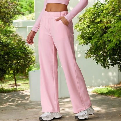 Elastic Waist Wide Leg Sweatpants with Pockets for Lounge and Casual Wear