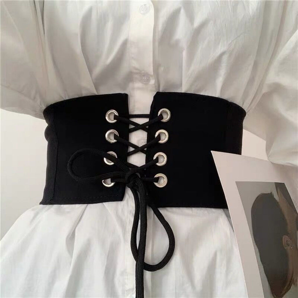 Anna-Kaci Women's Wide Lace-Up Waist Belt with Structured Panel Design and Adjustable Corset-Style Front Ties 5x25.5in