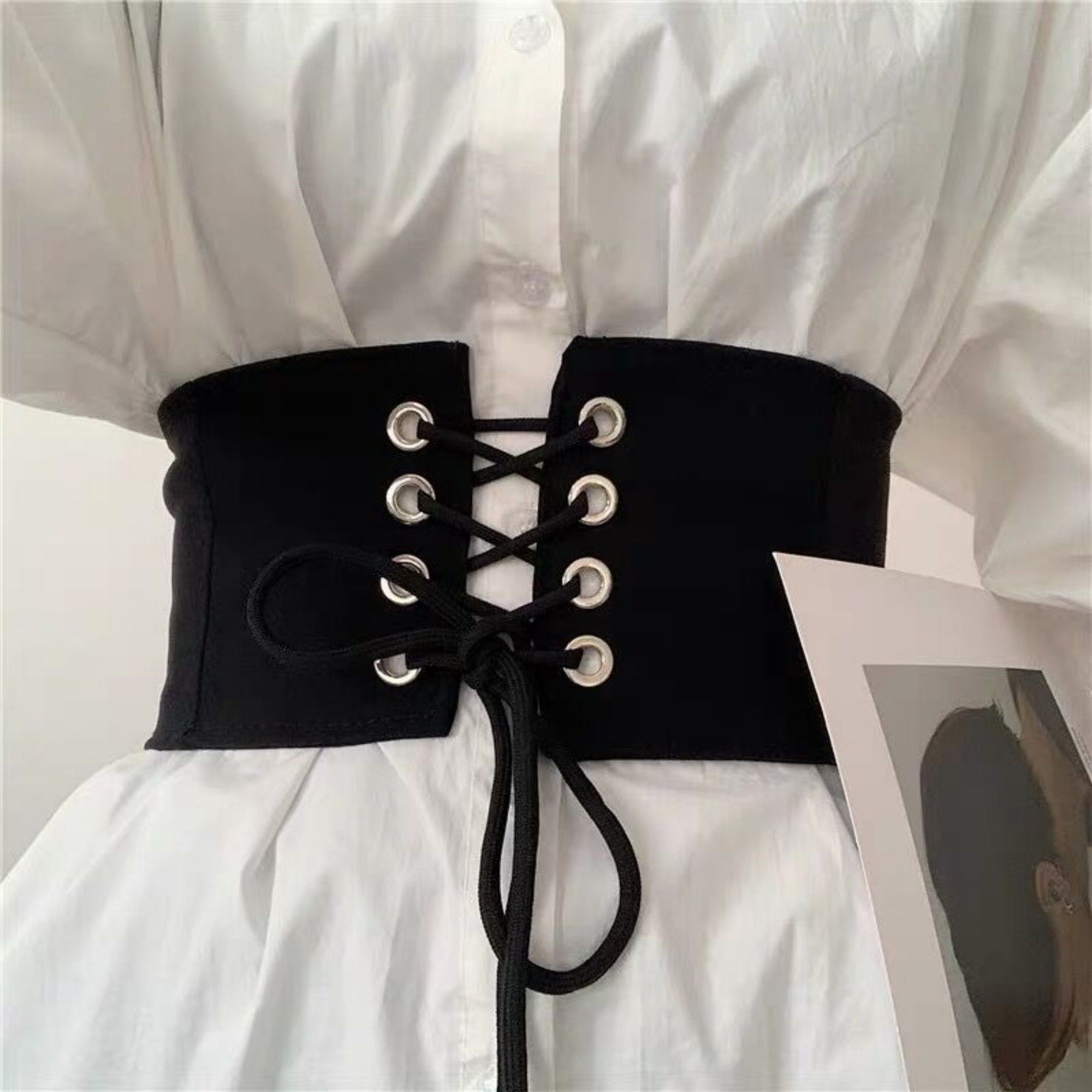 Anna-Kaci Women's Wide Lace-Up Waist Belt with Structured Panel Design and Adjustable Corset-Style Front Ties 5x25.5in