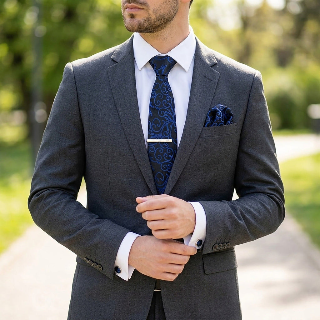 Men's Baroque Floral Tie Gift Set with Matching Pocket Square Cufflinks and Silver Tie Clip