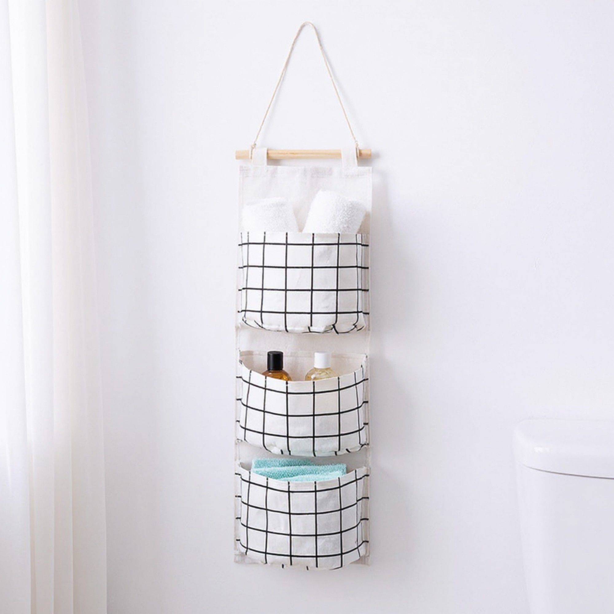 Hanging Wall Organizer with Three Pockets and Black Grid Pattern 22.5x7.8 in