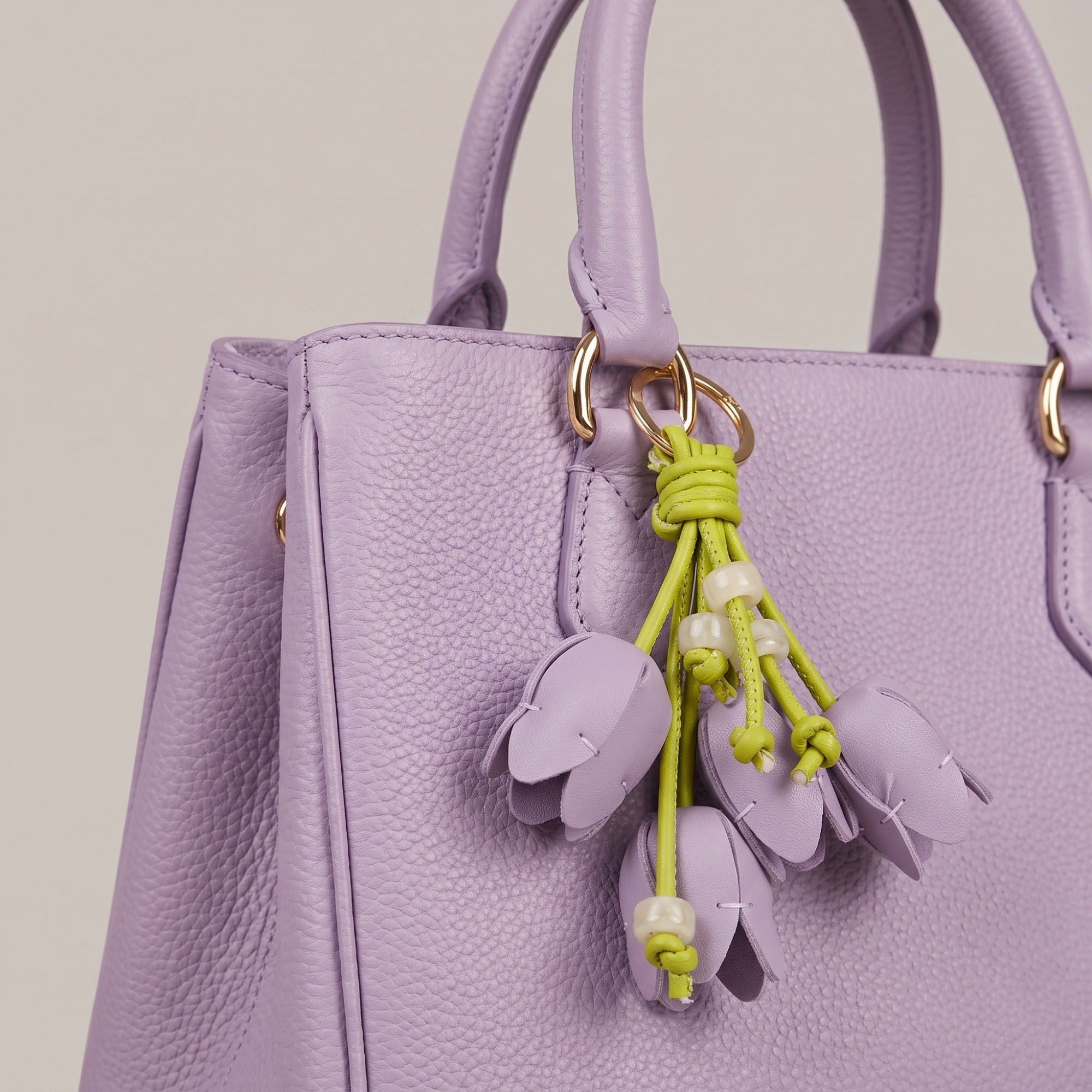 Floral Bag Charm with Pearl Look Beads and Gold Tone Ring