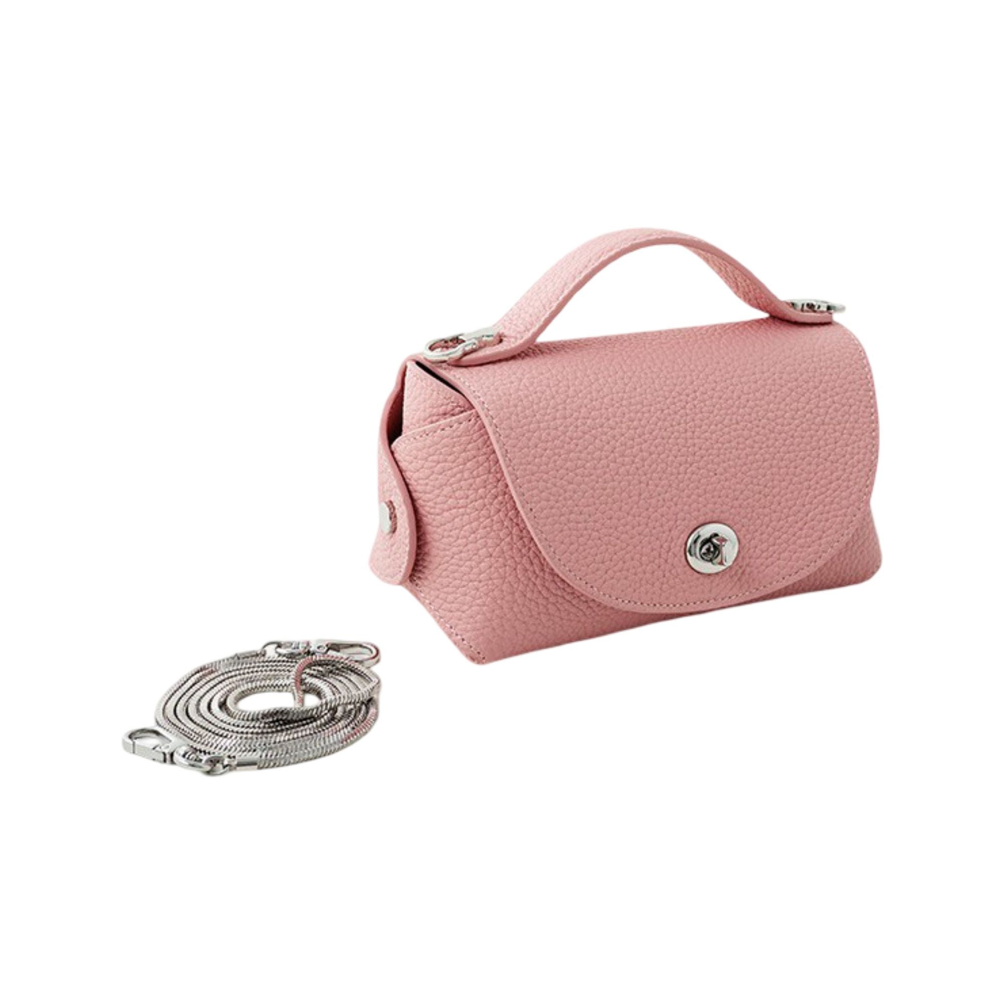 Pebbled Leather Mini Top Handle Bag with Chain Crossbody Strap and Turn Lock Closure