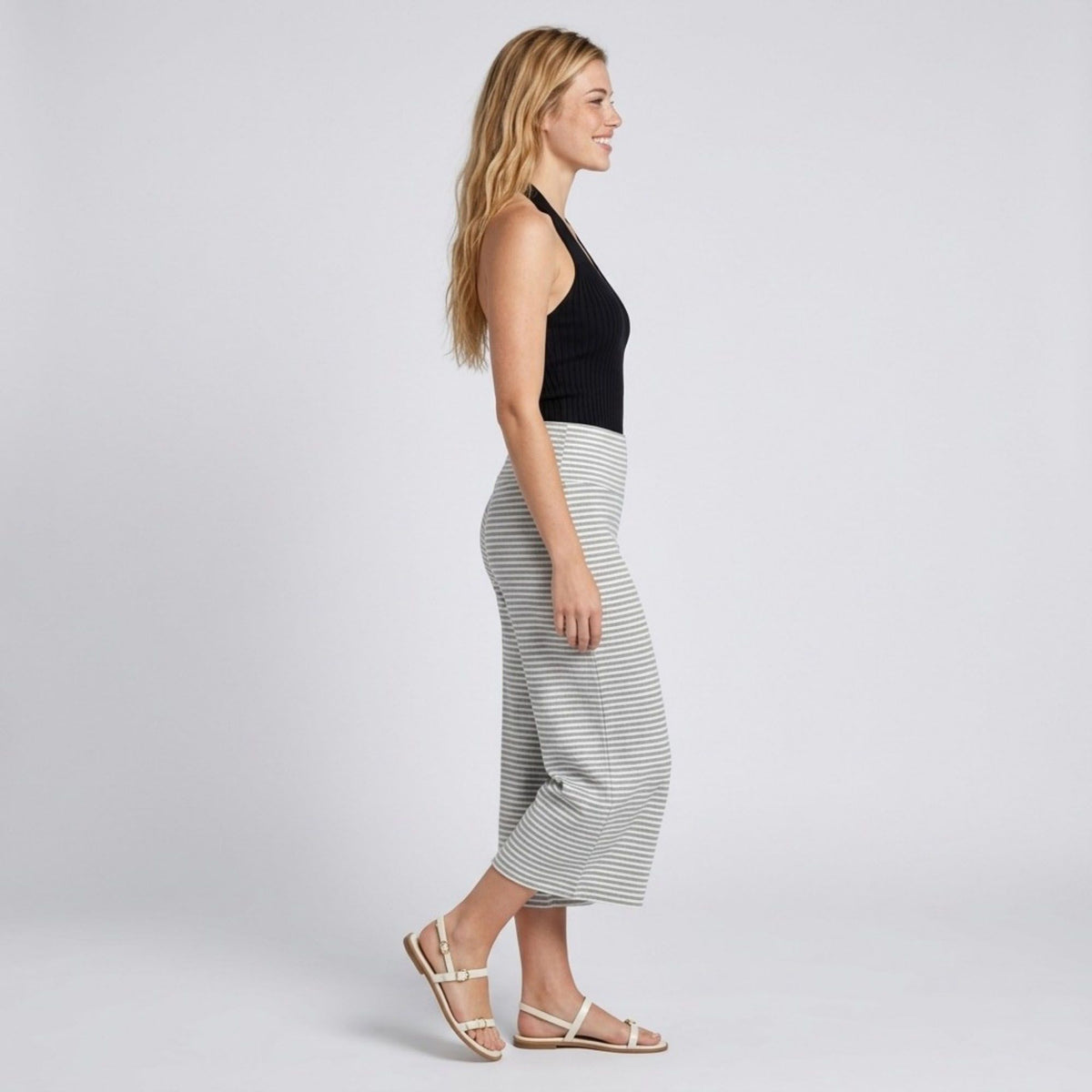 Foldover Waistband Striped Cropped Wide-Leg Trousers