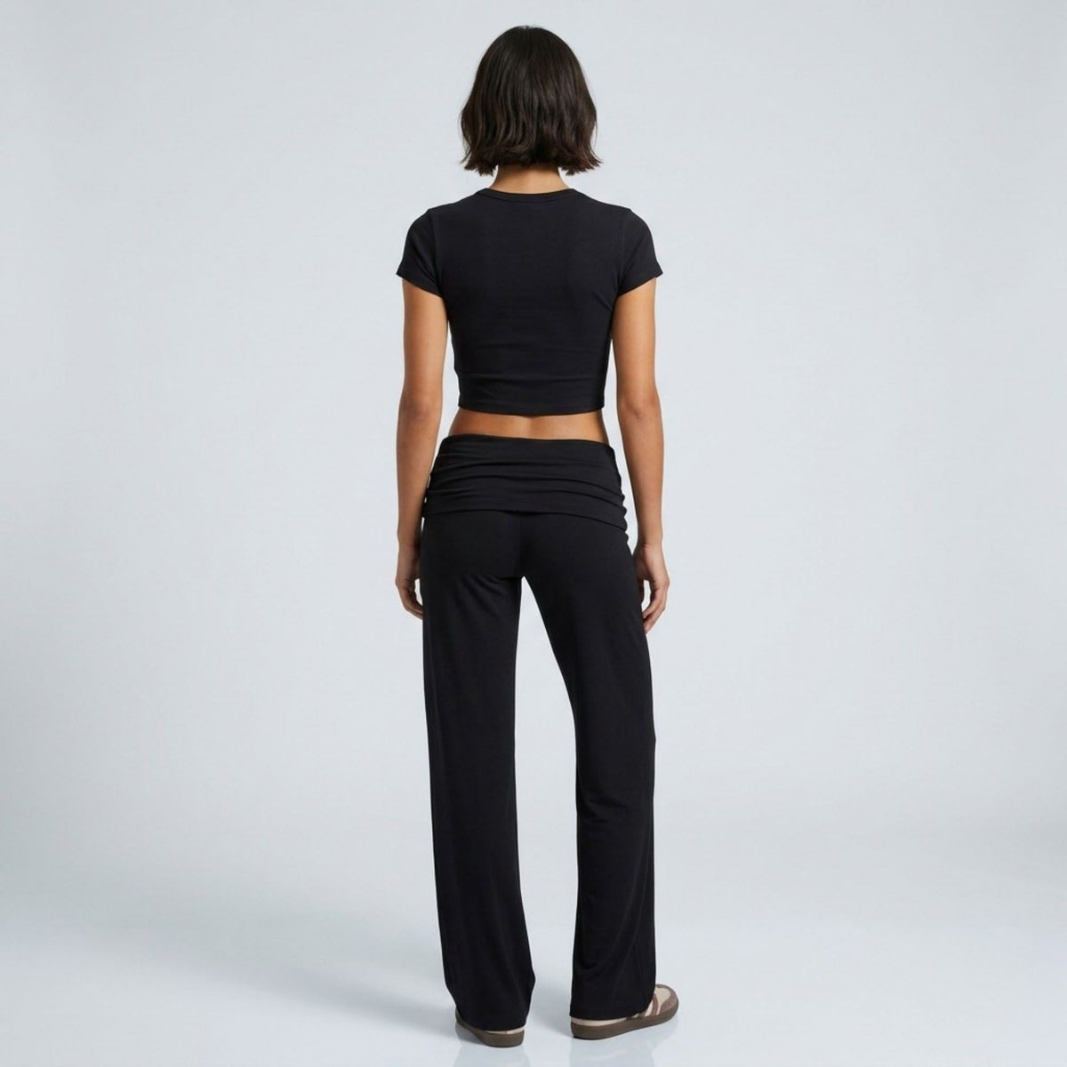 Foldover Waistband Full-Length Wide-Leg Trousers