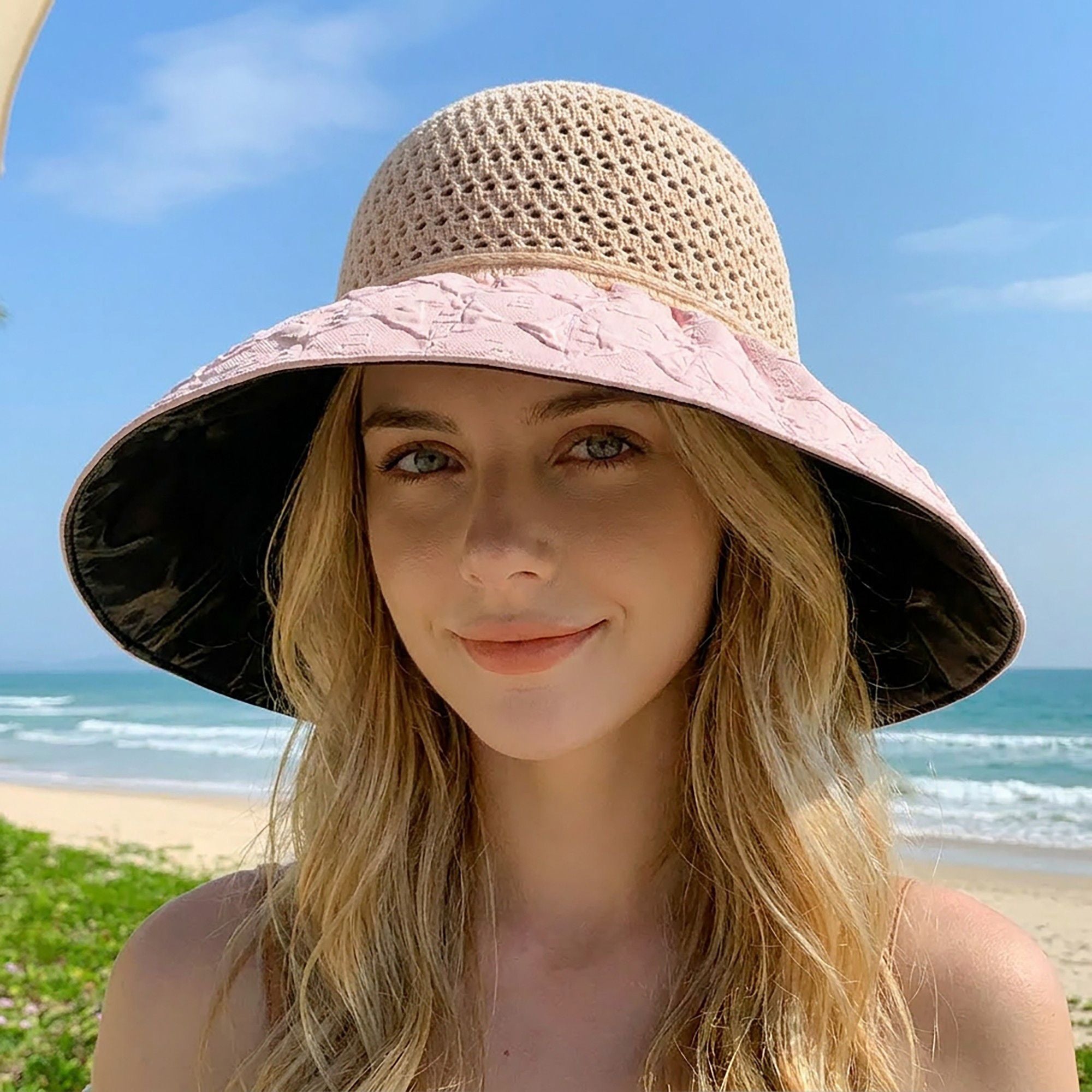 Wide Brim Crochet Sun Hat with Bow Accent and Textured Fabric Brim