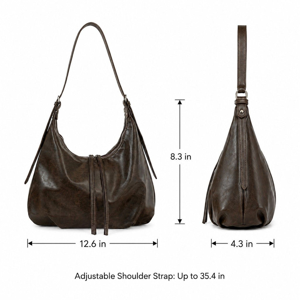 Slouchy Faux Leather Hobo Shoulder Bag with Adjustable Strap and Zip Closure