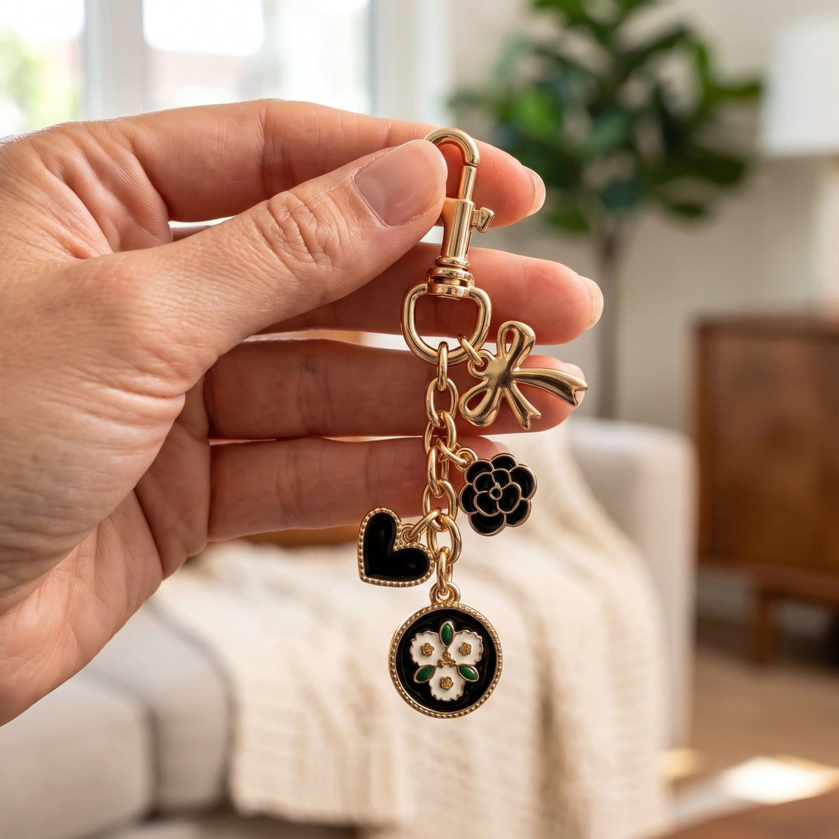 Floral Heart Bag Charm Keychain with Bow and Flower Pendants
