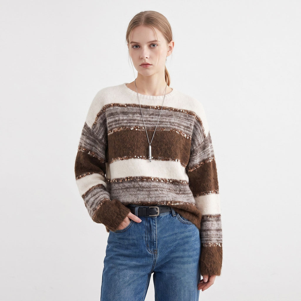 Sequin Striped Fuzzy Knit Crewneck Pullover Sweater