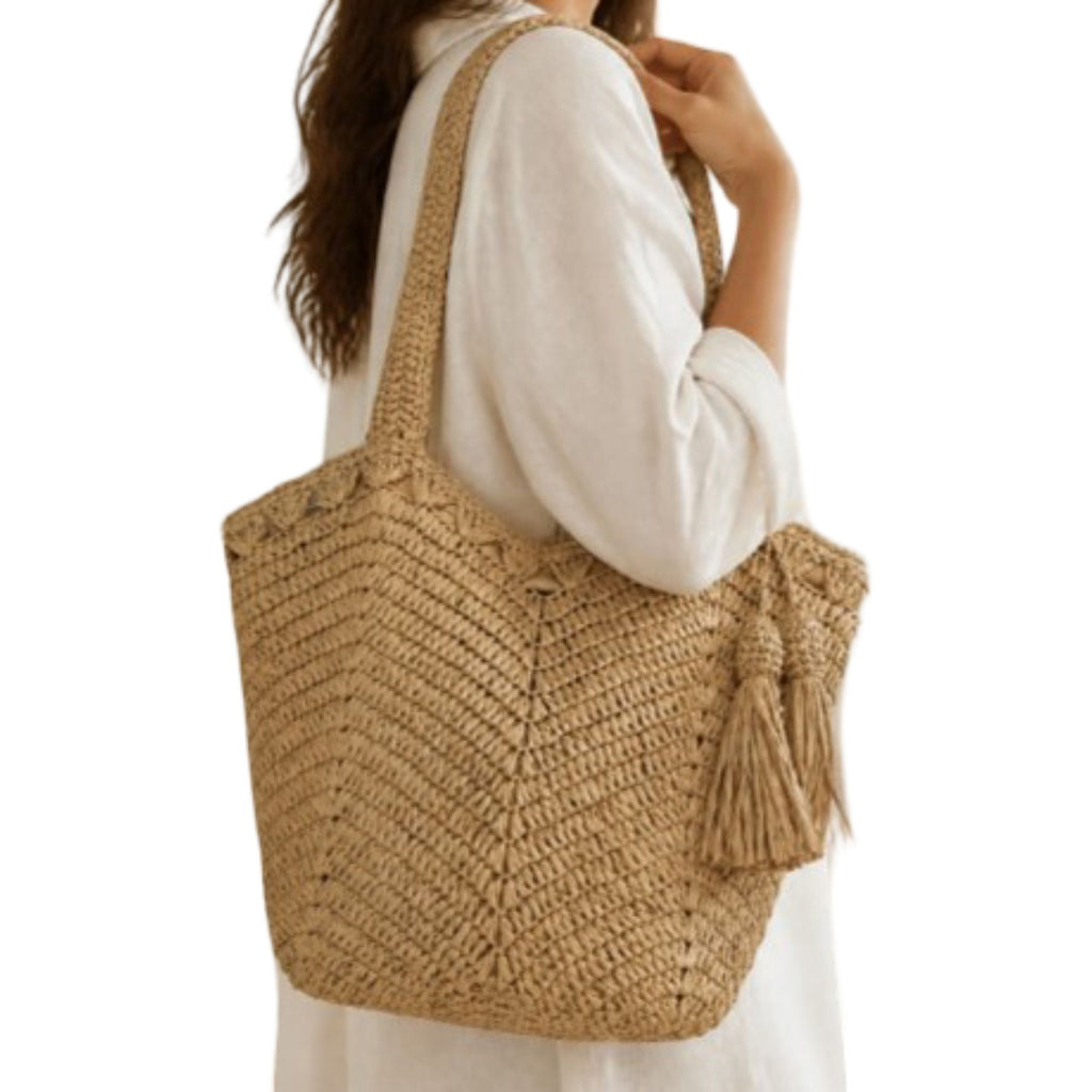 Tassel Straw Tote Bag with Zipper Closure for Beach and Travel
