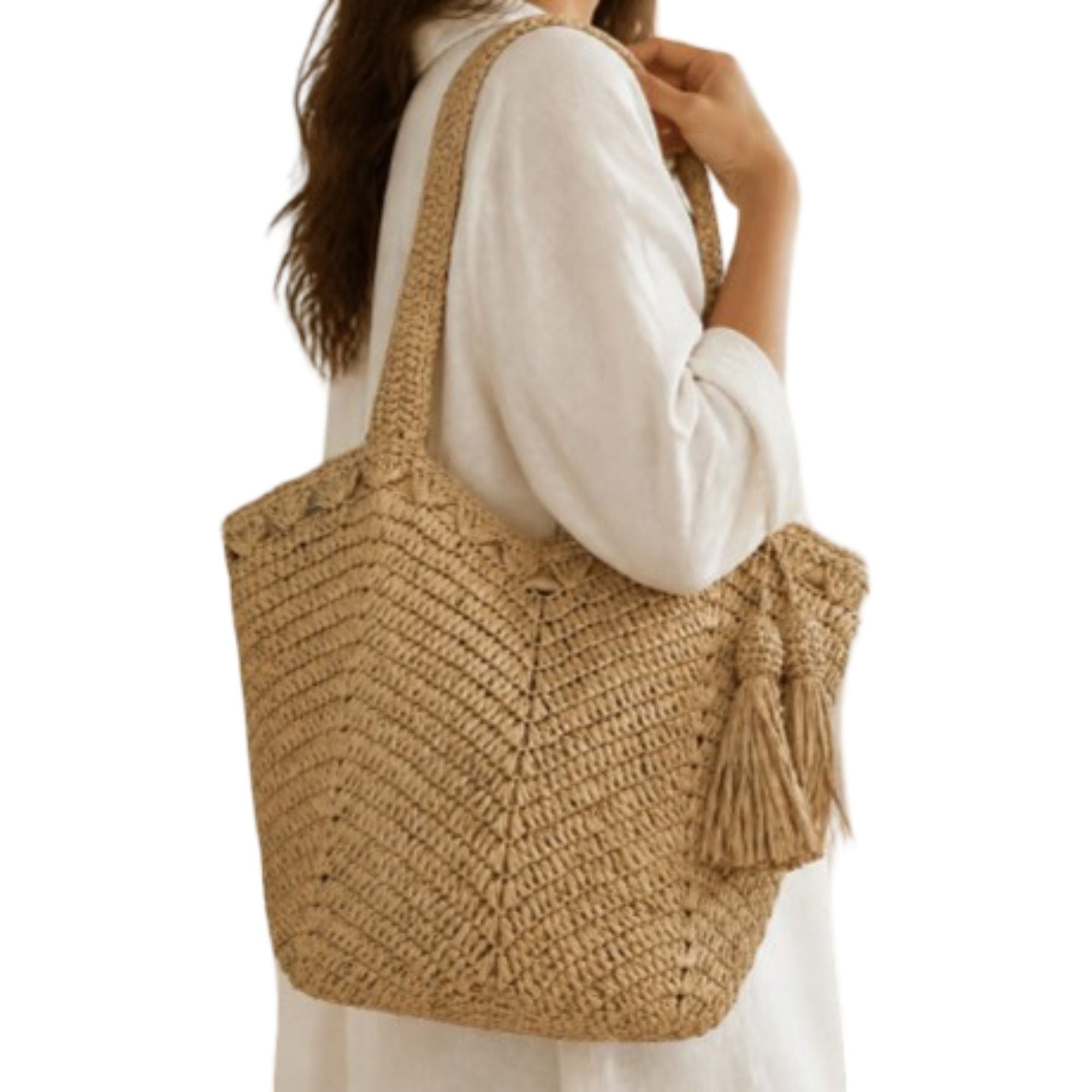 Tassel Straw Tote Bag with Zipper Closure for Beach and Travel