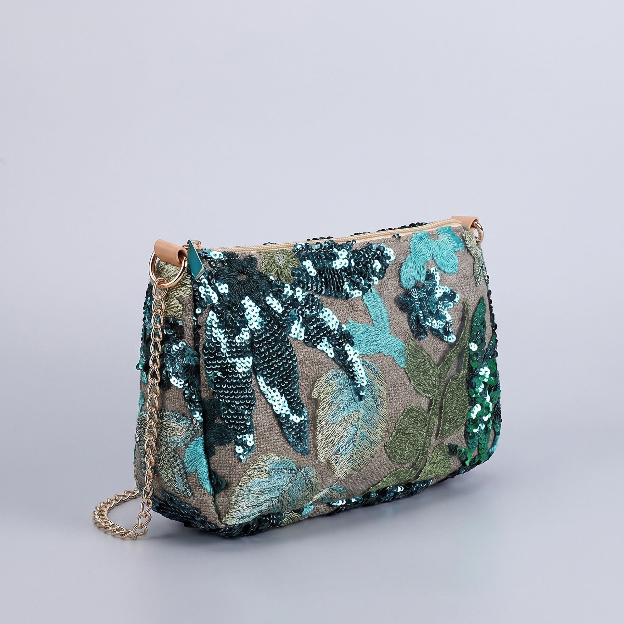 Floral Embroidered Sequin Shoulder Bag with Chain Strap Curved Silhouette