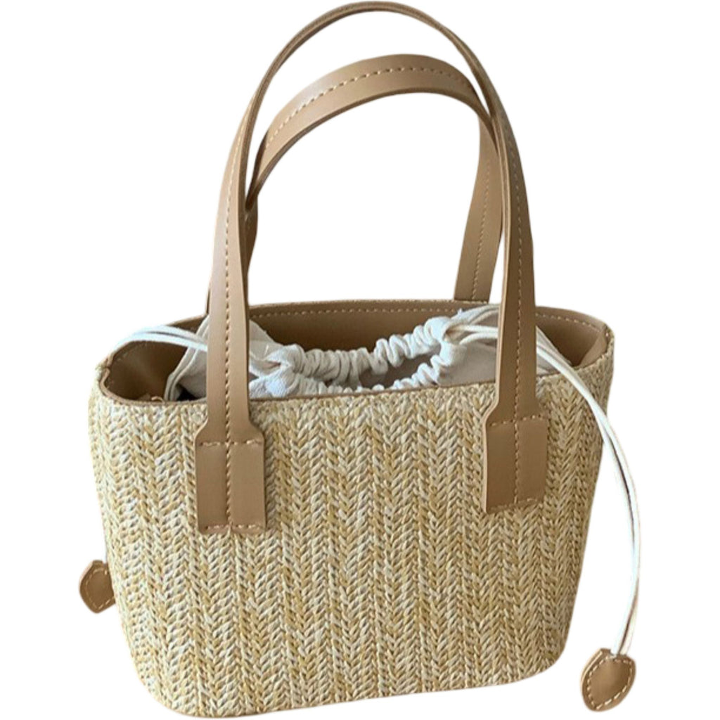 Summer PU Straw Woven Drawstring Handbag with Inner Zipper Pocket