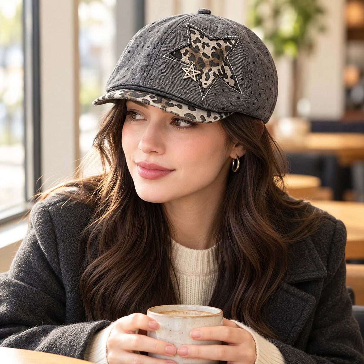 Polka Dot Newsboy Cap with Leopard Print Star and Charm