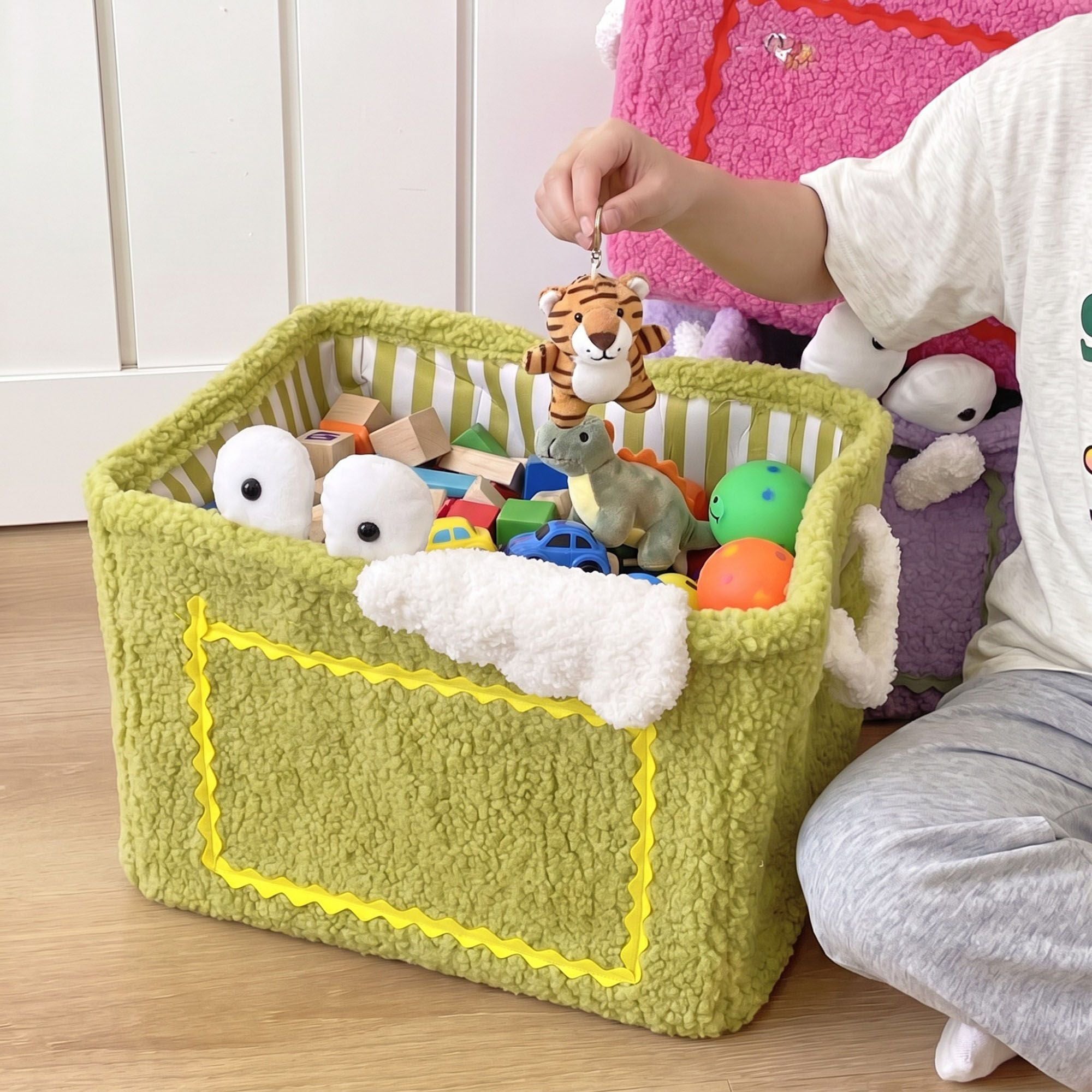 Kids Plush Storage Basket with Handles and Front Pocket