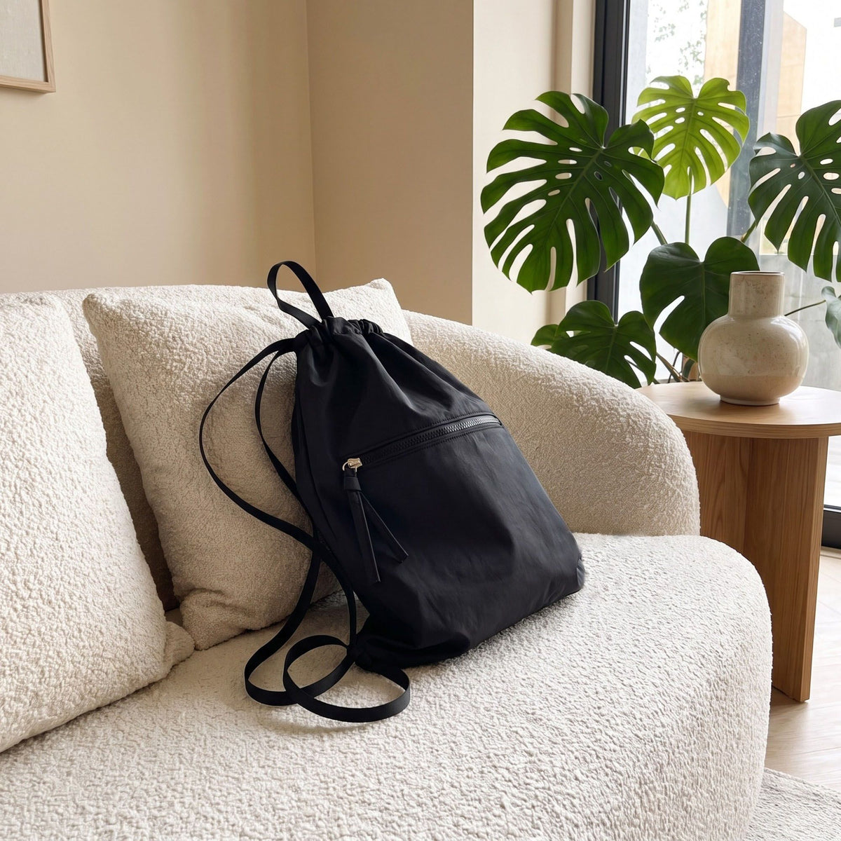 Drawstring Backpack with Front Zip Pocket Lightweight Casual Cinch Bag