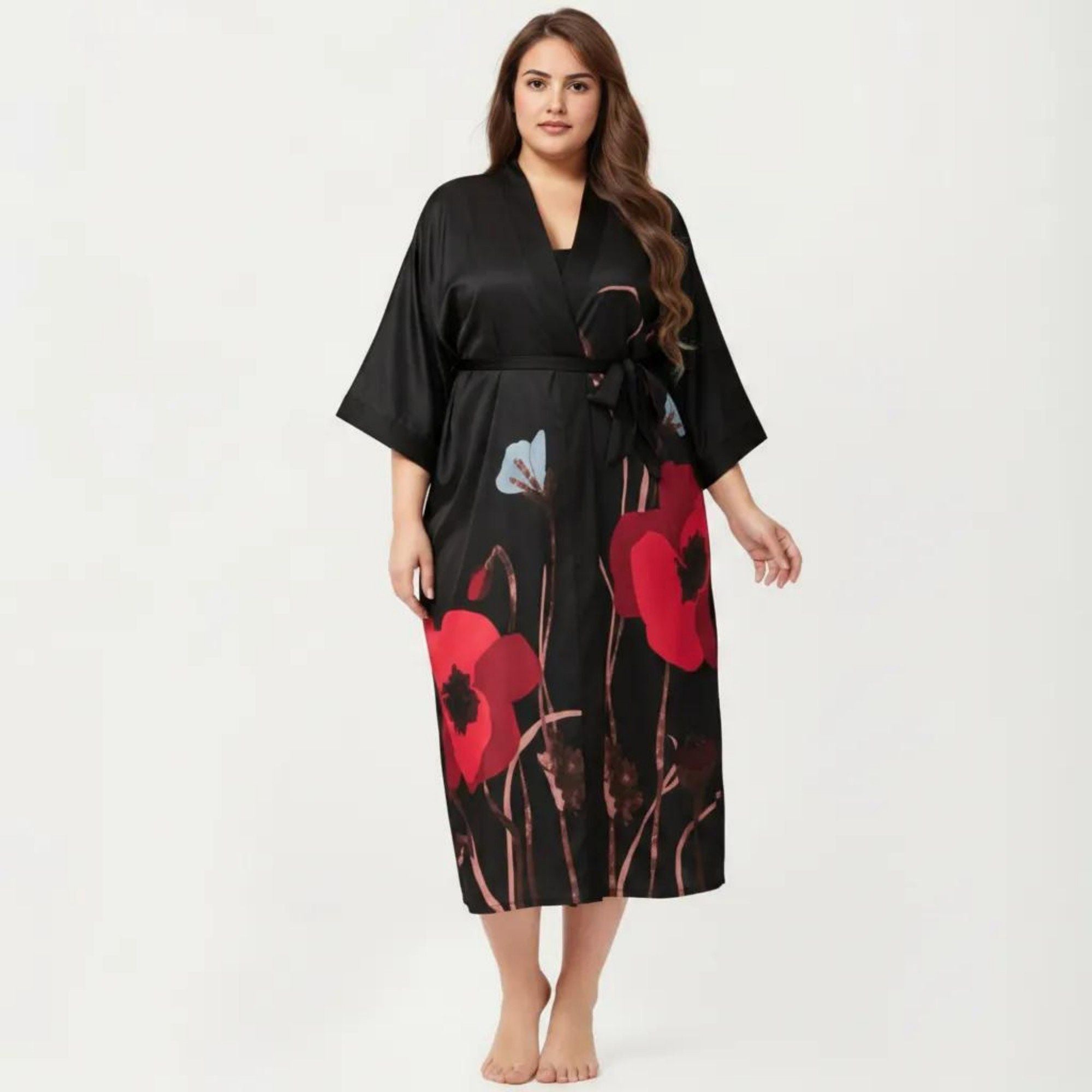 Anna-Kaci Lounge Women's Plus Size 2-Piece Floral Kimono Robe Set with Short Sleeve Open Front Longline Cover Up and Matching Inner Dress
