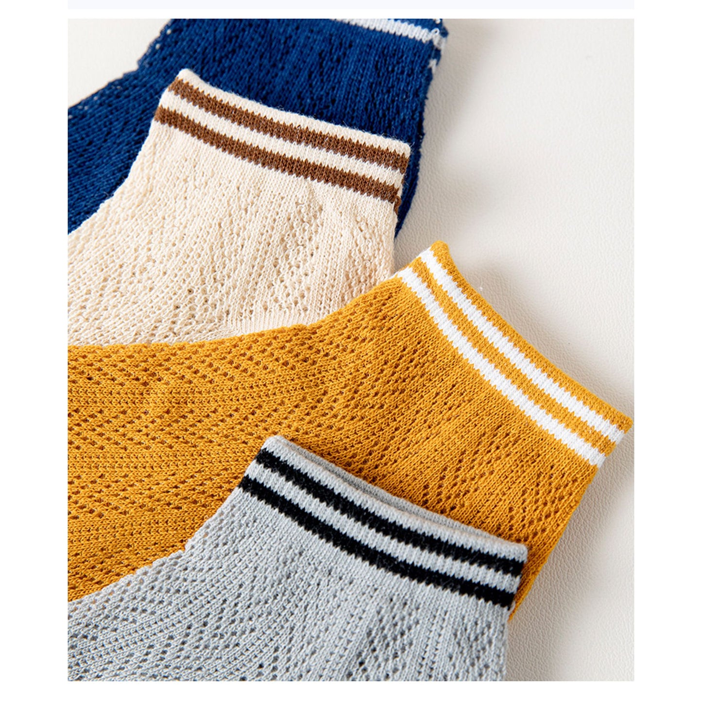 Anna-Kaci Women's 4-Pair Pack Lightweight Mesh Ankle Socks with Striped Cuffs Breathable Knit Texture