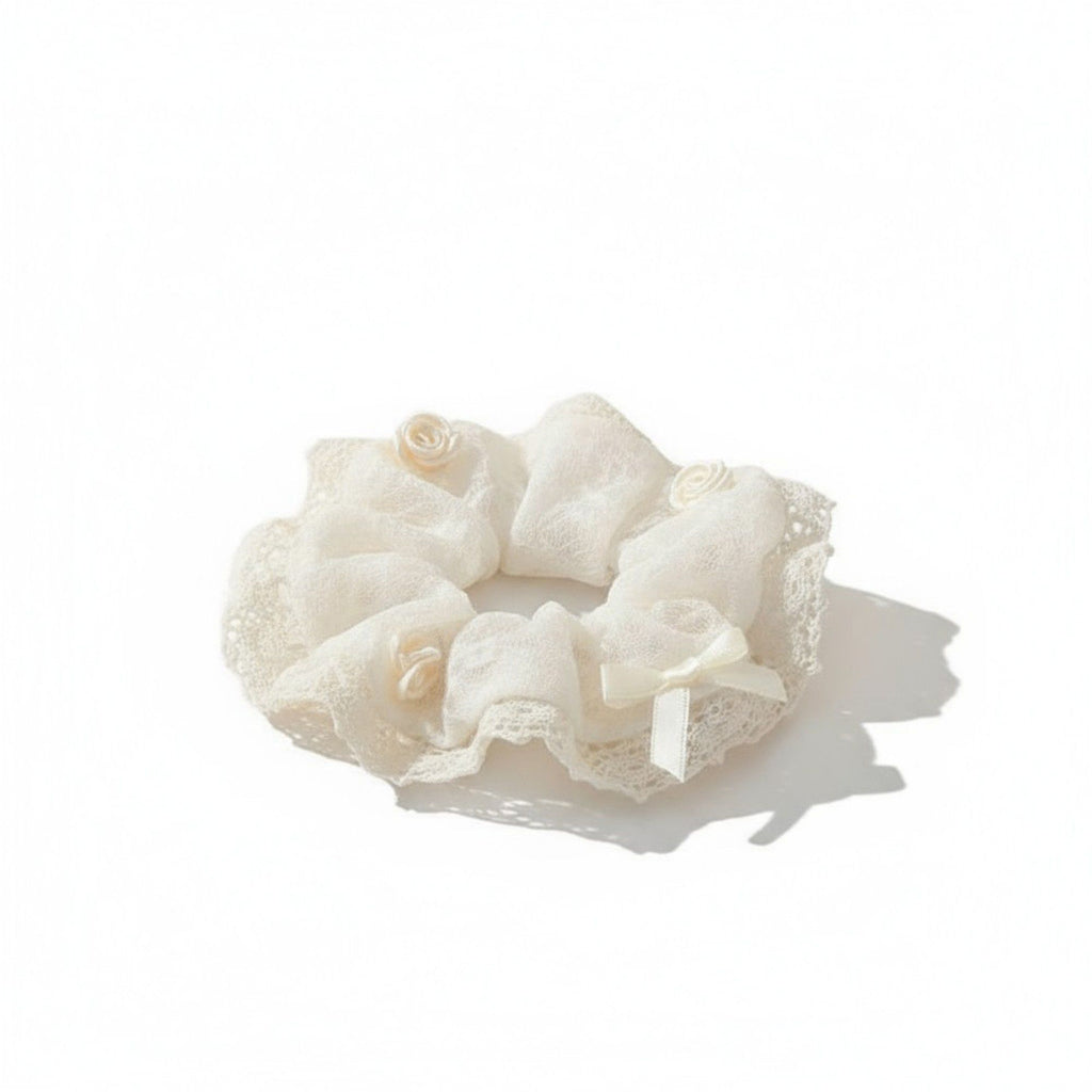 Anna-Kaci 2pcs Sheer Organza Scrunchie with Embroidered Mini Roses and Soft Layered Design