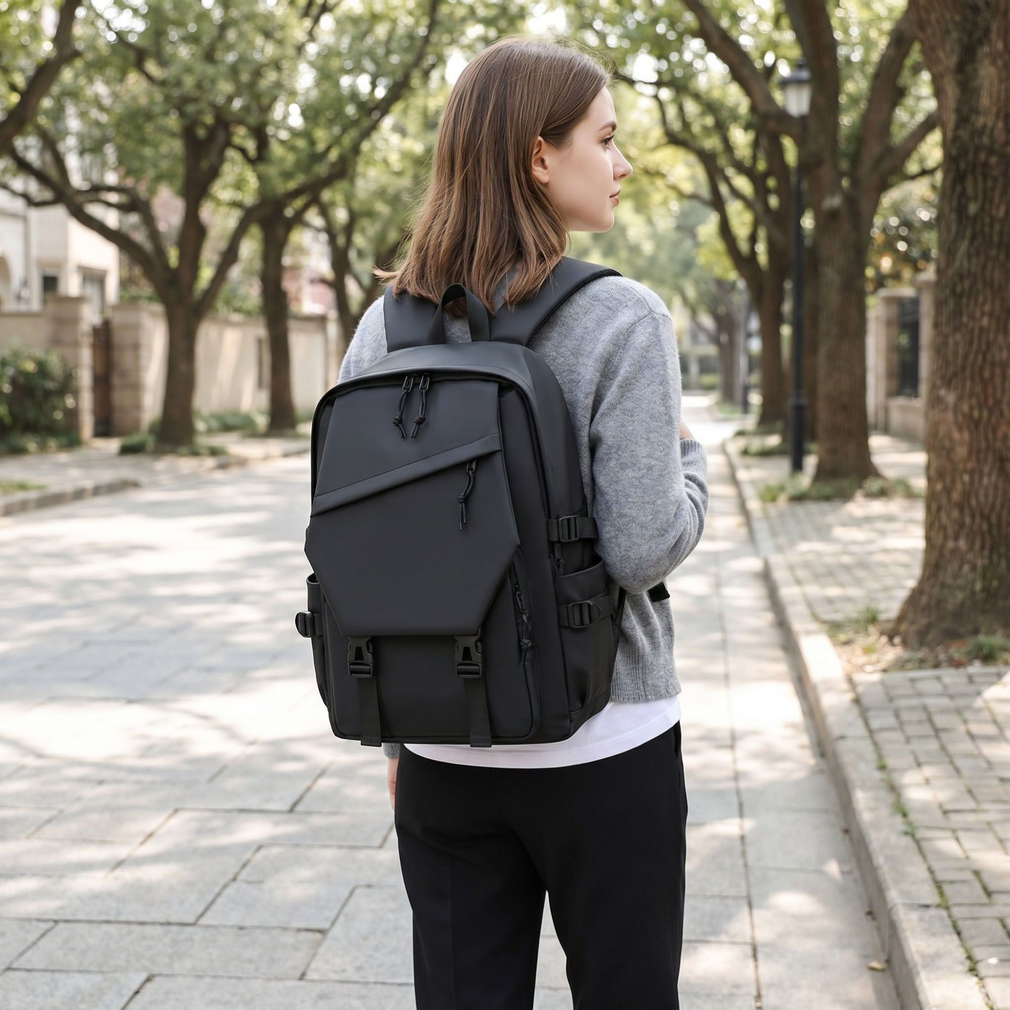 Multi-Pocket Utility Backpack with Buckle Straps, Side Pockets and Padded Shoulder Straps