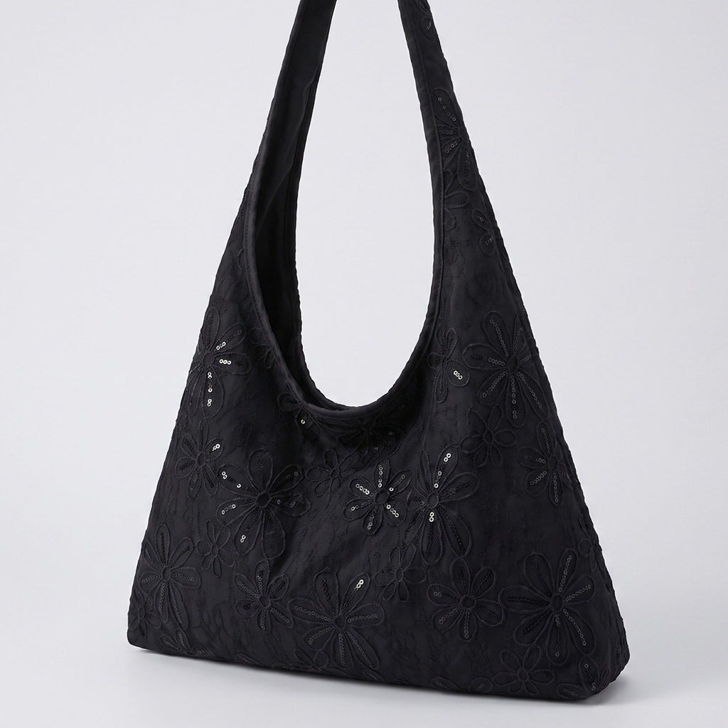 Floral Sequin Lace Slouchy Hobo Bag 15.5x10.5x4.5in