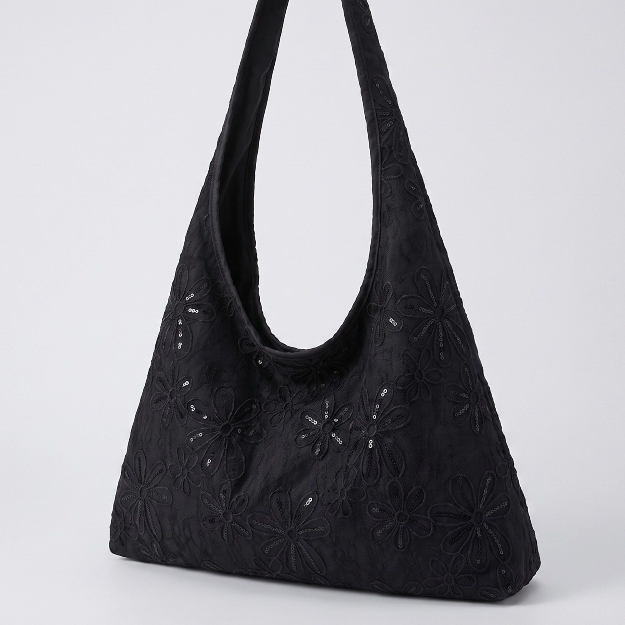 Floral Sequin Lace Slouchy Hobo Bag 15.5x10.5x4.5in