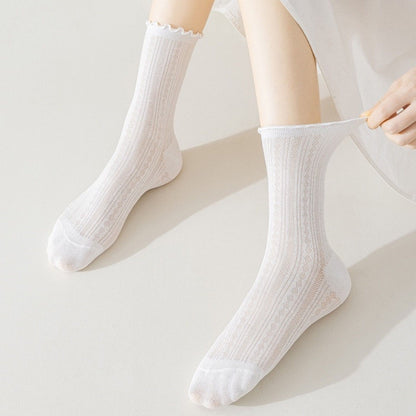 Anna-Kaci Women's Ribbed Crew Socks with Ruffle Lettuce Trim Soft Stretch Knit Comfortable Everyday 5-Pack
