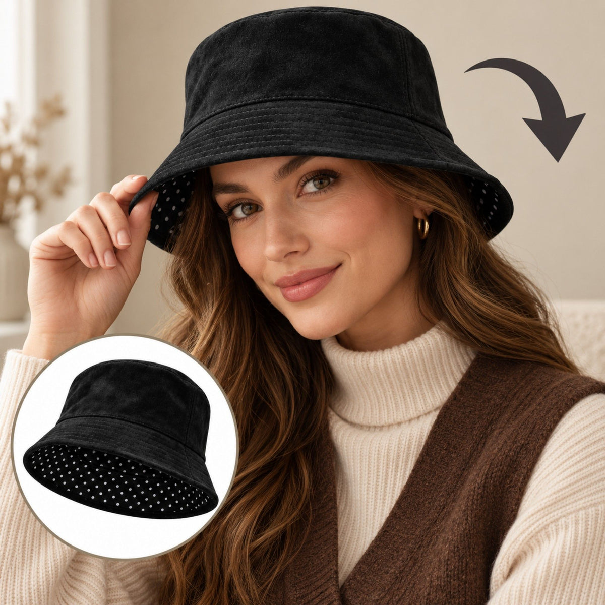 Faux Suede Bucket Hat with Polka Dot Lining