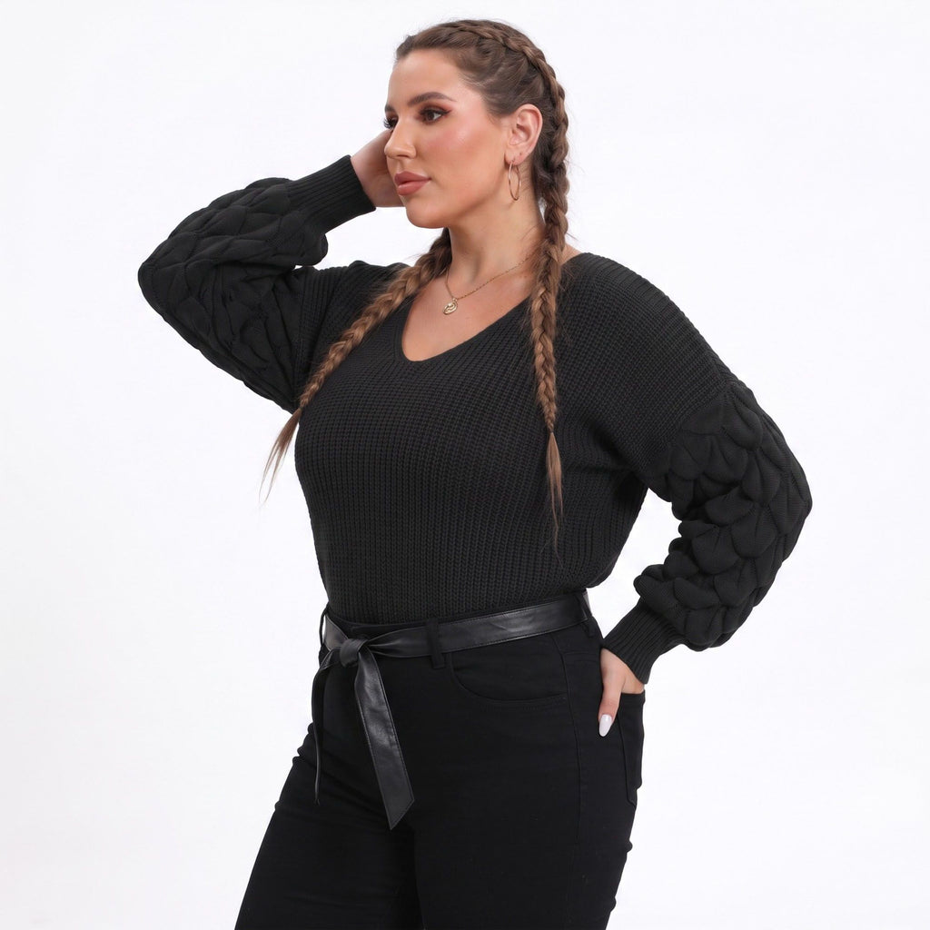 Plus Size V-Neck Textured Sleeve Pullover Sweater