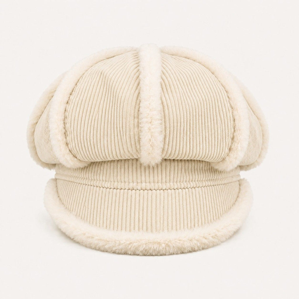 Corduroy Newsboy Cap Faux Fur Trim Baker Boy Hat Warm Casual Style
