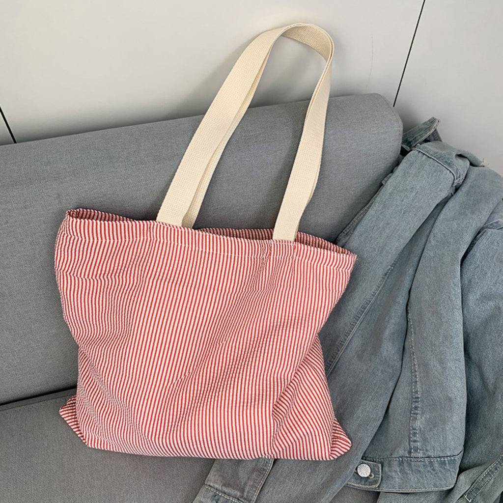 Striped Canvas Tote Bag Colorblock Large Capacity Shoulder Bag