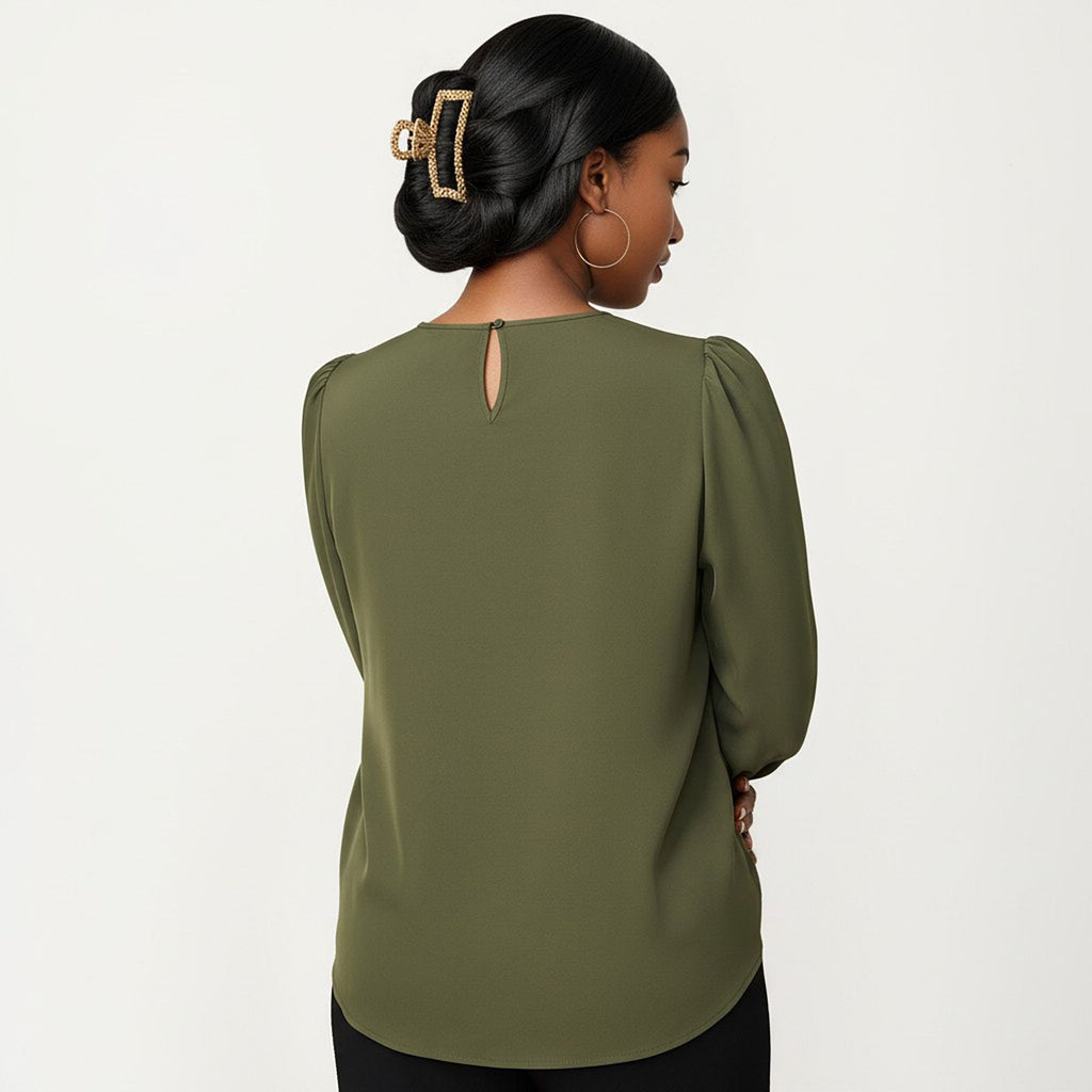 Anna-Kaci Women's Plus Size Long Sleeve Keyhole Neck Pullover Blouse with Soft Draped Fabric and Relaxed Fit