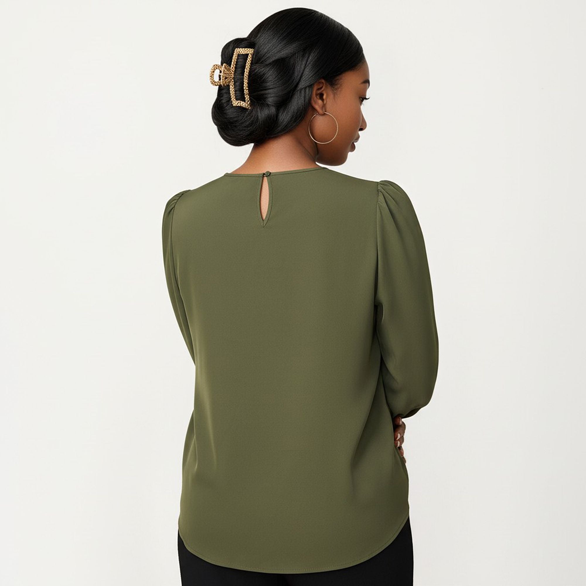 Anna-Kaci Women's Plus Size Long Sleeve Keyhole Neck Pullover Blouse with Soft Draped Fabric and Relaxed Fit