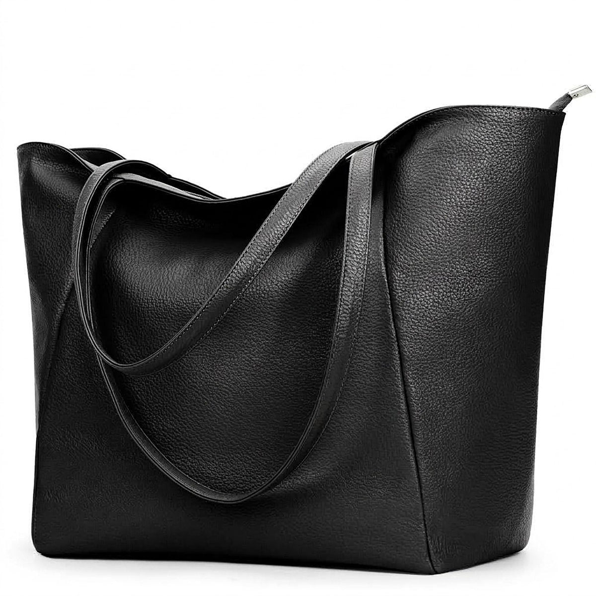 Large Faux Leather Zip Top Tote Bag with Double Shoulder Straps