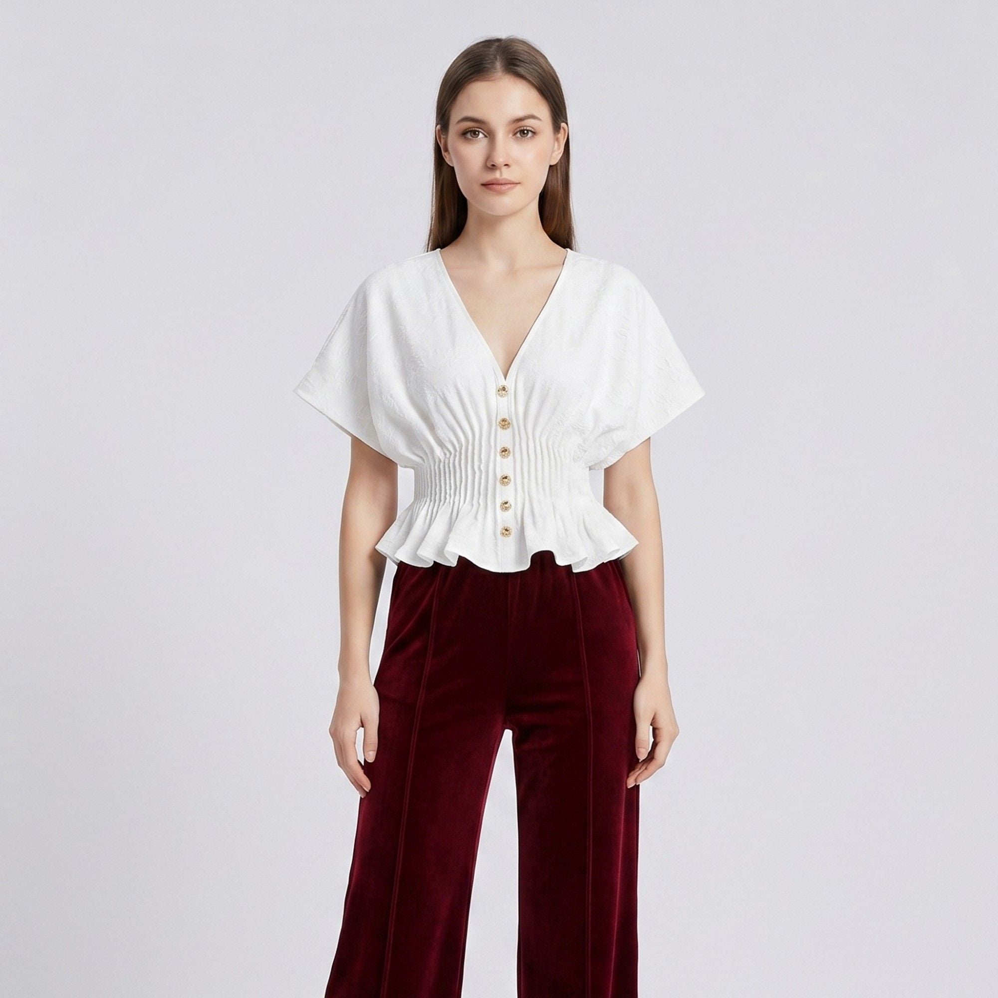 Anna-Kaci Women's V Neck Button Front Peplum Blouse with Smocked Waist Short Flutter Sleeves and Textured Fabric