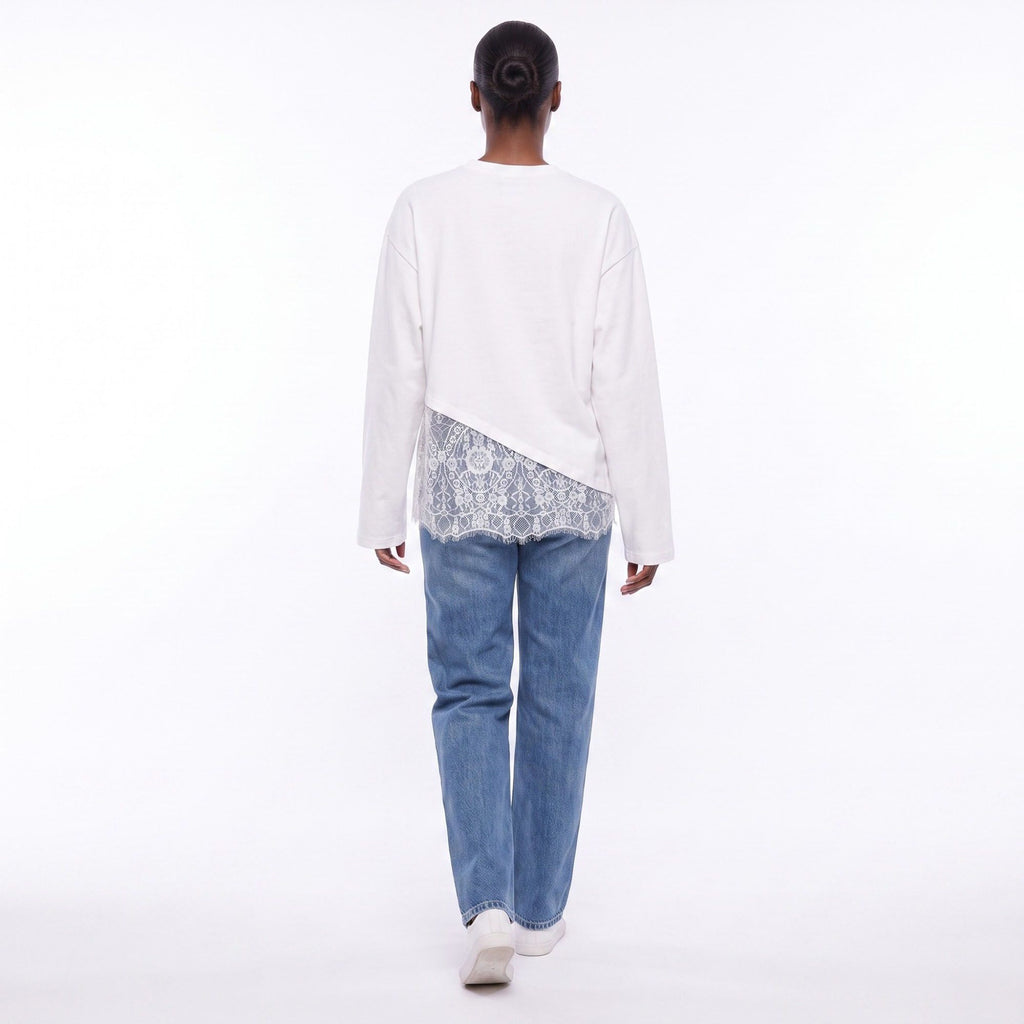 Asymmetrical Lace Hem Long Sleeve Top