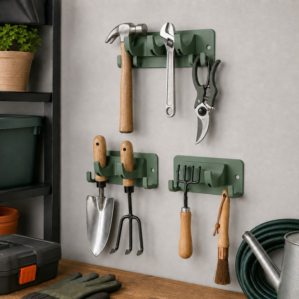 3-piece Wall Mounted Garden Tool Organizer Rack with Multi Hooks