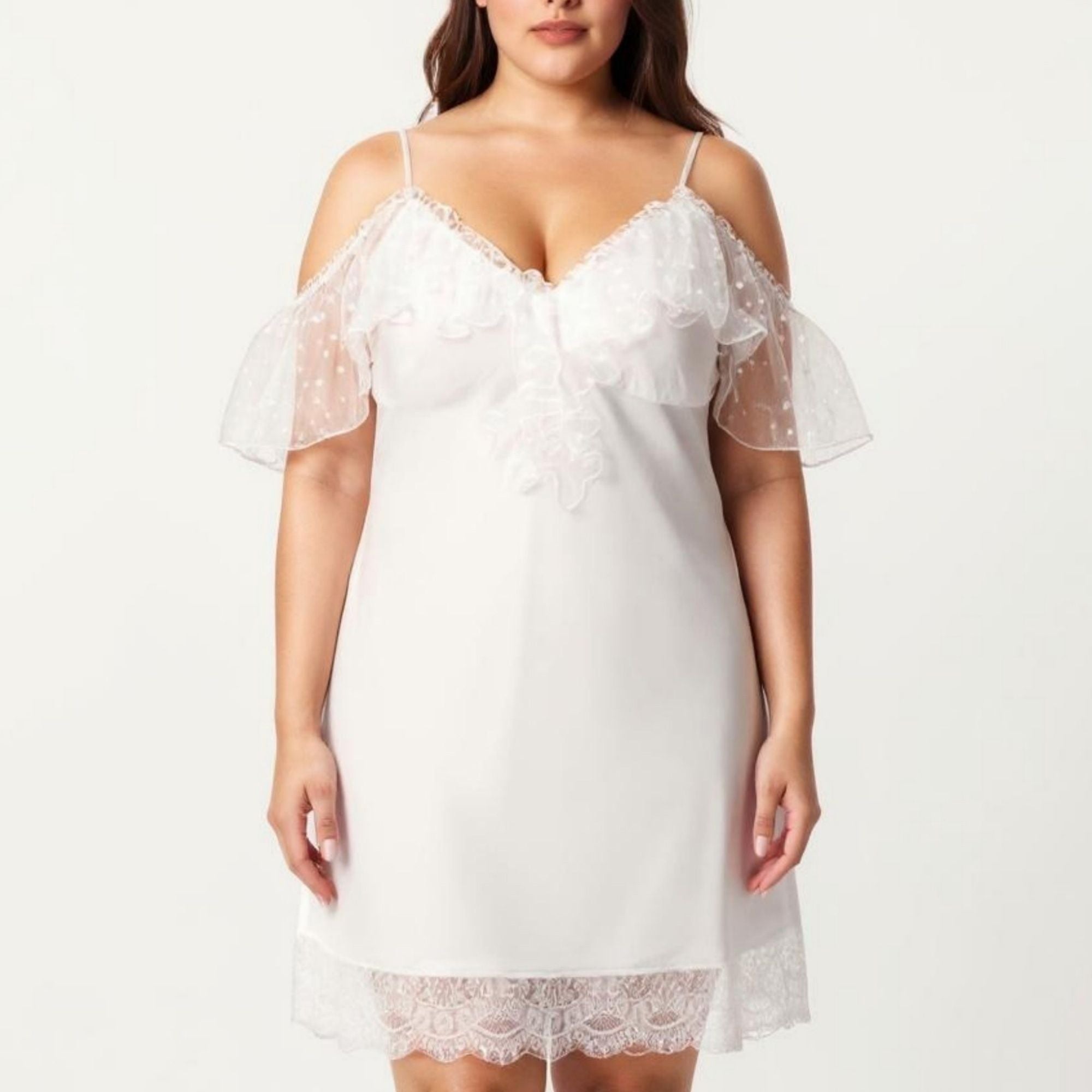 Anna-Kaci Lounge Women's Plus Size Chiffon Chemise Ruffle Sleeve Lace Trim Nightgown Adjustable Strap Sleep Dress