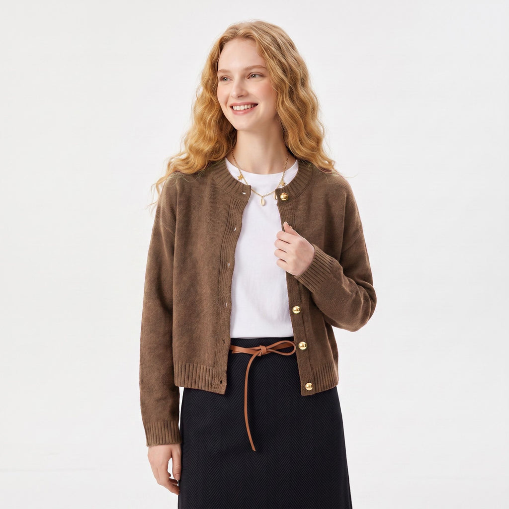 Gold Button Crewneck Cardigan Sweater
