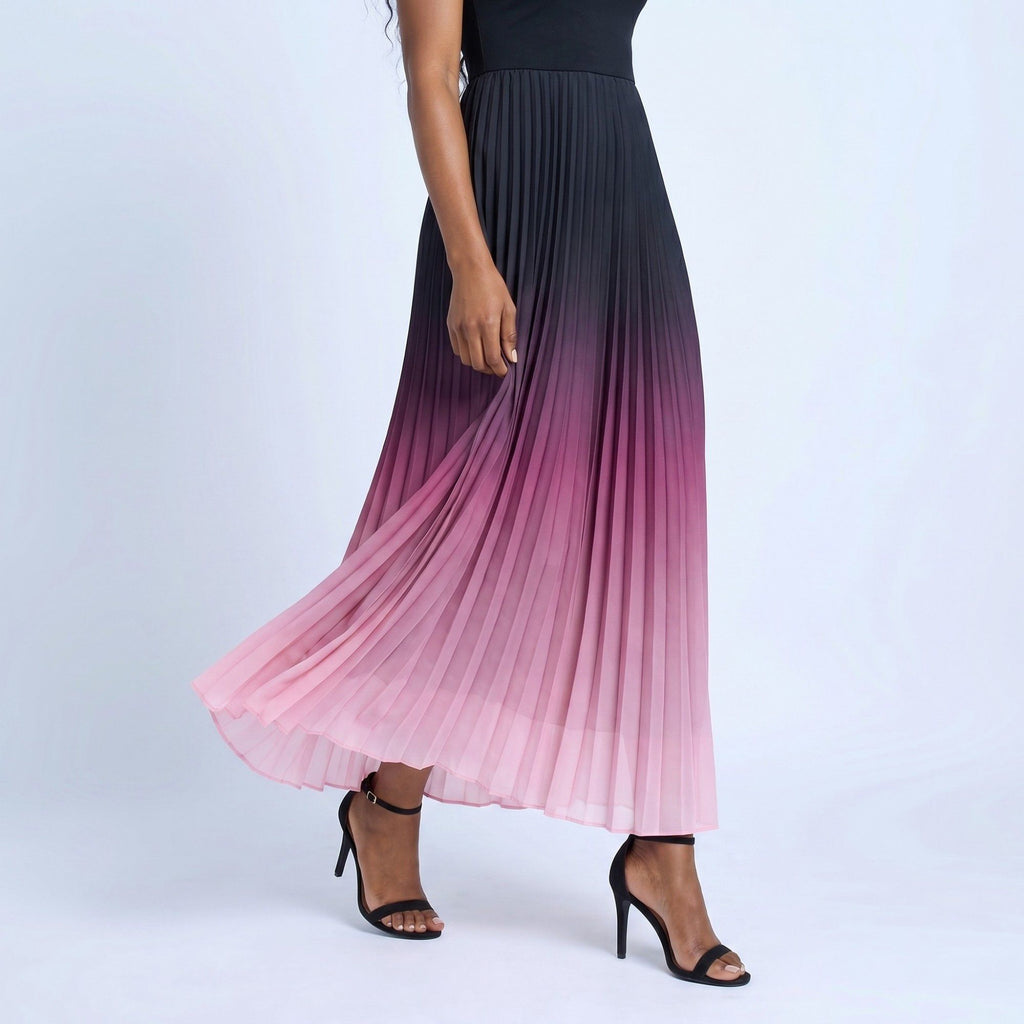 Anna-Kaci Women's Sleeveless High Neck Pleated Ombre A-Line Maxi Dress with Flowy Skirt