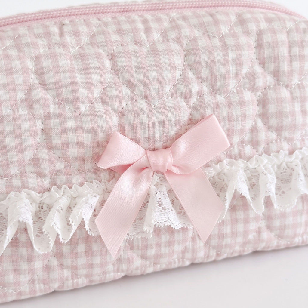 Womens Gingham Quilted Cosmetic Bag with Lace Bow Detail