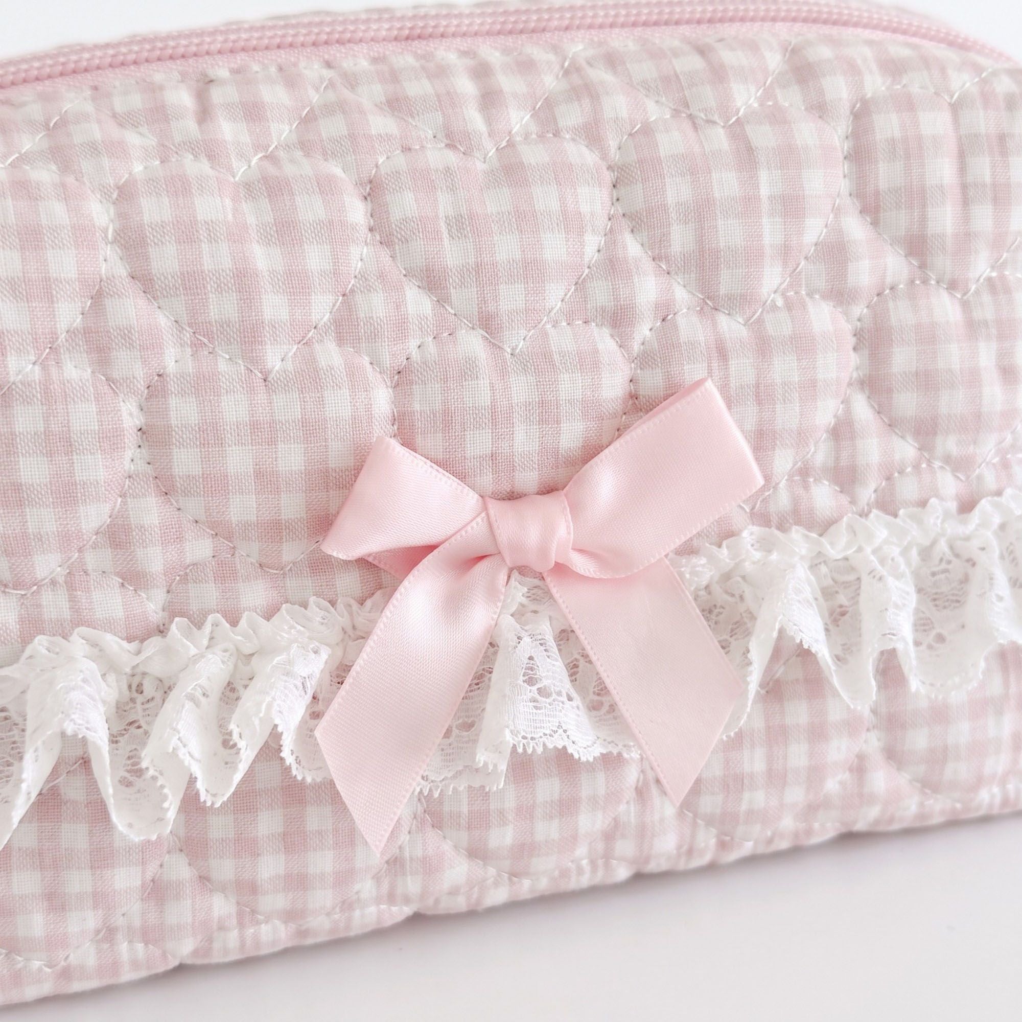 Womens Gingham Quilted Cosmetic Bag with Lace Bow Detail